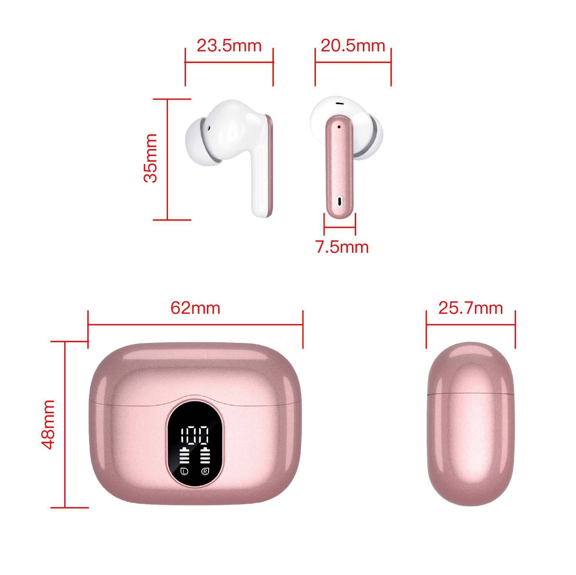 Wireless Earbuds, Bluetooth 5.3 Headphones In Ear with 4 ENC Noise Cancelling Mic, Btootos New Bluetooth Earbuds Mini Deep Bass Stereo Sound, 36H Playtime LED Display Wireless Earphones IP7 Waterproof