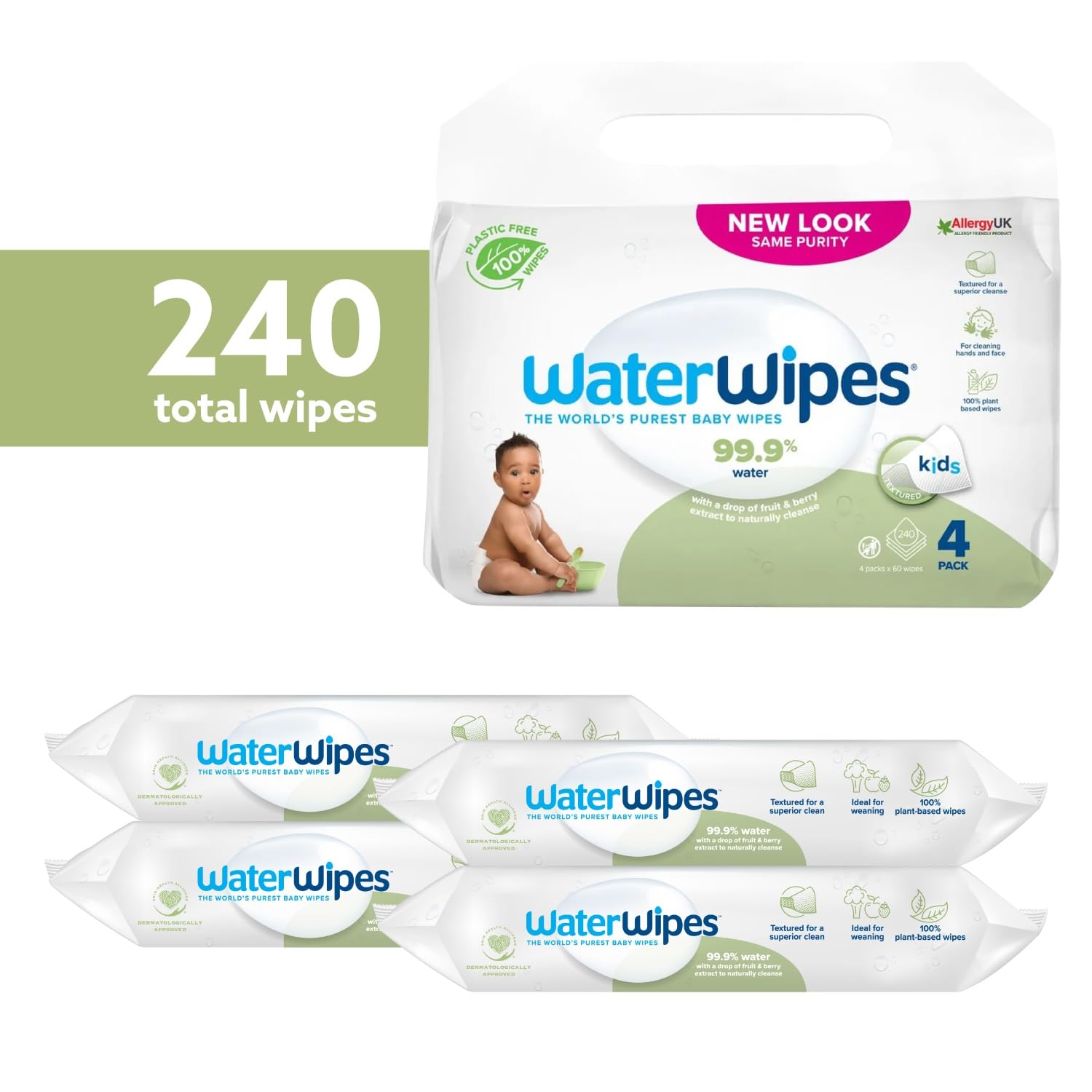 WaterWipes Plastic-Free Textured Clean, Toddler & Baby Wipes, 720 Count (12 Packs), 99.9% Water Based Wipes, Unscented for Sensitive Skin (Packing May Vary)