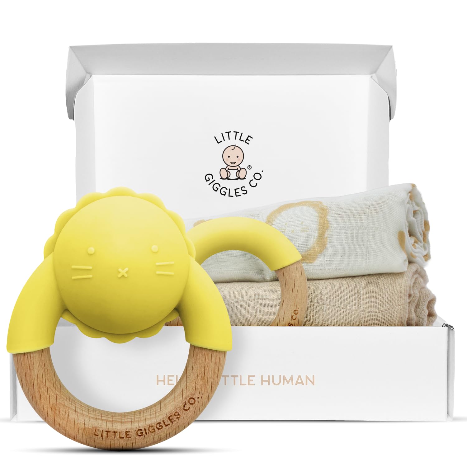 Little Giggles Co.® Baby Gifts - Neutral Teething Toys & Large Muslin Cloths Gift Set. Sensory Play Rattle, Soothing Teether Ring, Cotton Baby Muslins. Baby Essentials for Newborn & Baby Shower Gifts