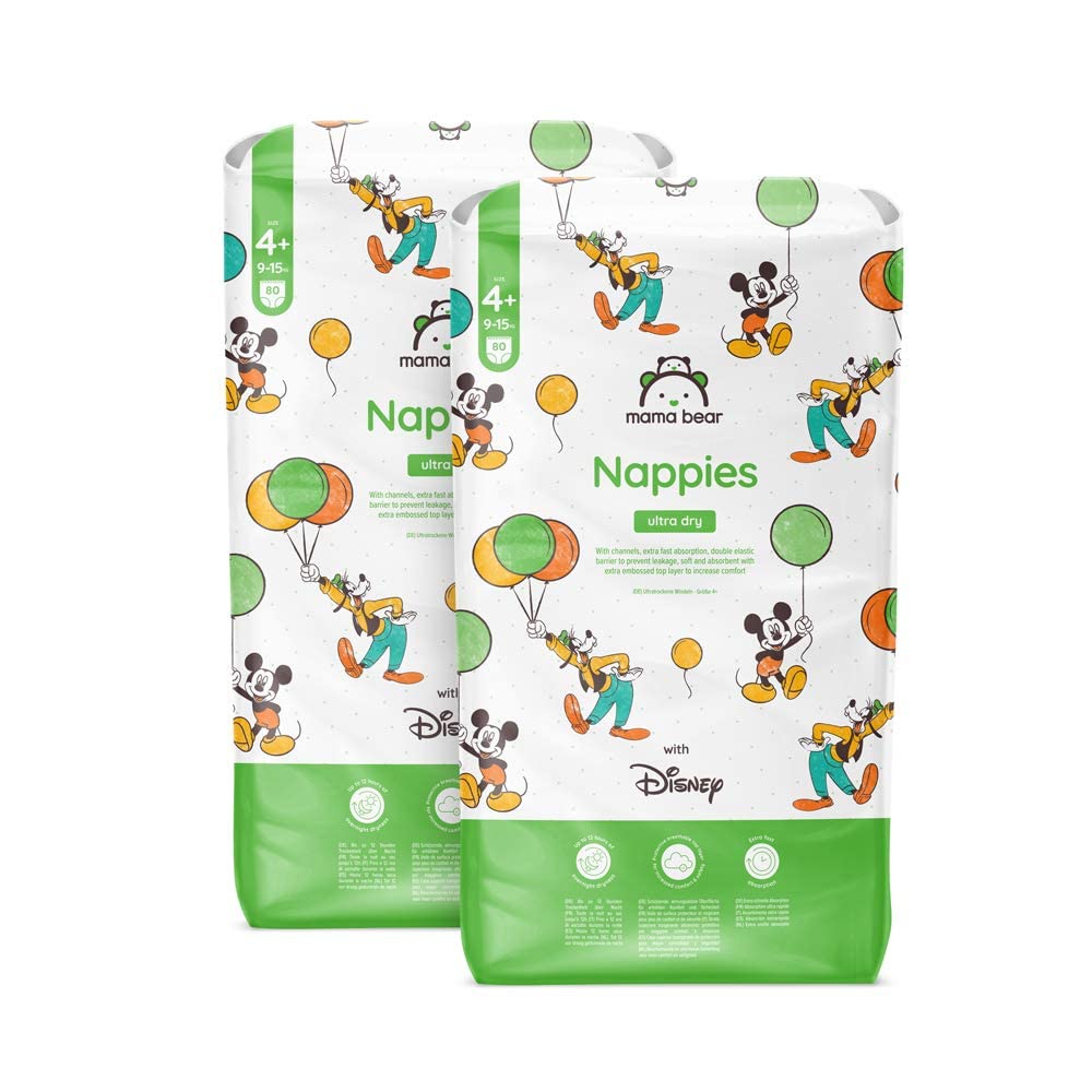 Amazon Brand - Mama Bear Disney Ultra Dry Nappies, Size 1 (2-5 kg), 96 Count, White, Monthly Pack