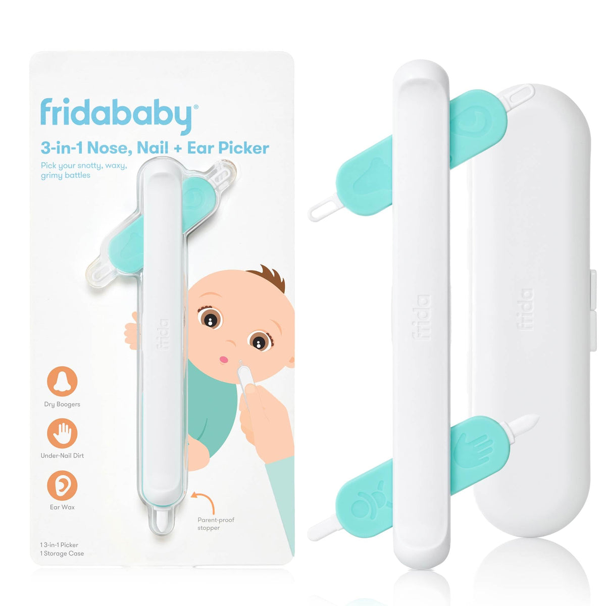 Frida Baby 3-in-1 Nose, Nail + Ear Picker: Baby Ear Cleaner + Baby Nose Cleaner and Nail Tool for Babies + Toddlers, Safely Clean Baby's Boogers, Ear Wax & More, 3-in-1 Picker + Storage Case