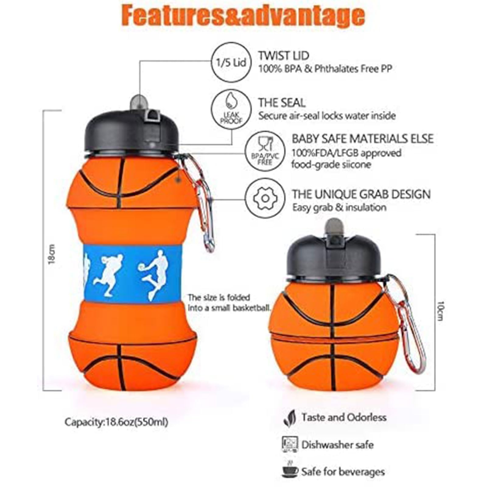 Louis Donné Collapsible Soccer Water Bottle, Silicone Football Water Bottle, 550ml/19oz Kids Water Bottle with Keyring, BPA-Free Drink Sports Water Bottle for School, Boys and Girls