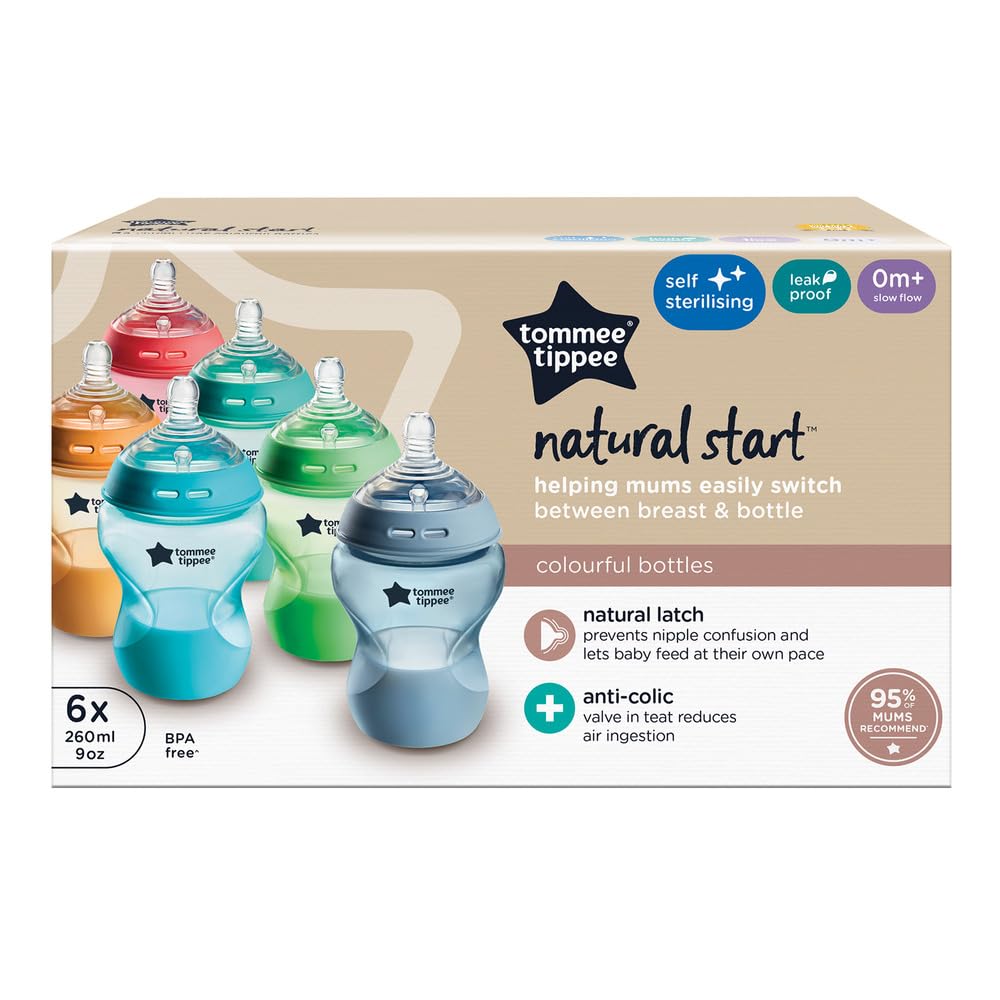 Tommee Tippee Natural Start Anti-Colic Baby Bottle, 260 ml, 0+ months, Anti-Colic Valve, Slow Flow Breast-Like Teat for a Natural Latch, Self-Sterilising, Colourful, Pack of 6