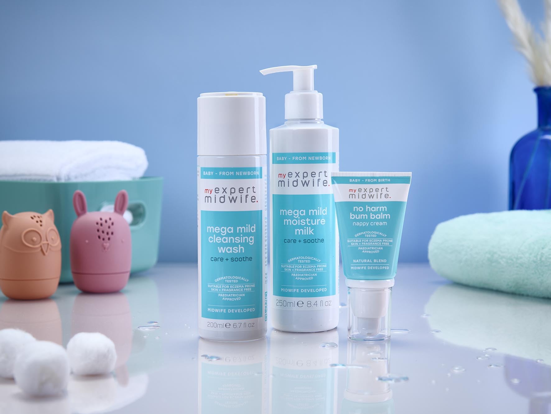 My Expert Midwife Newborn Baby Mega Mild Skincare Essentials Kit with Mega Mild Cleansing Baby Body Wash, Mega Mild Moisture Milk Baby Cream and No Harm Bum Balm Nappy Cream (Pack of 3)