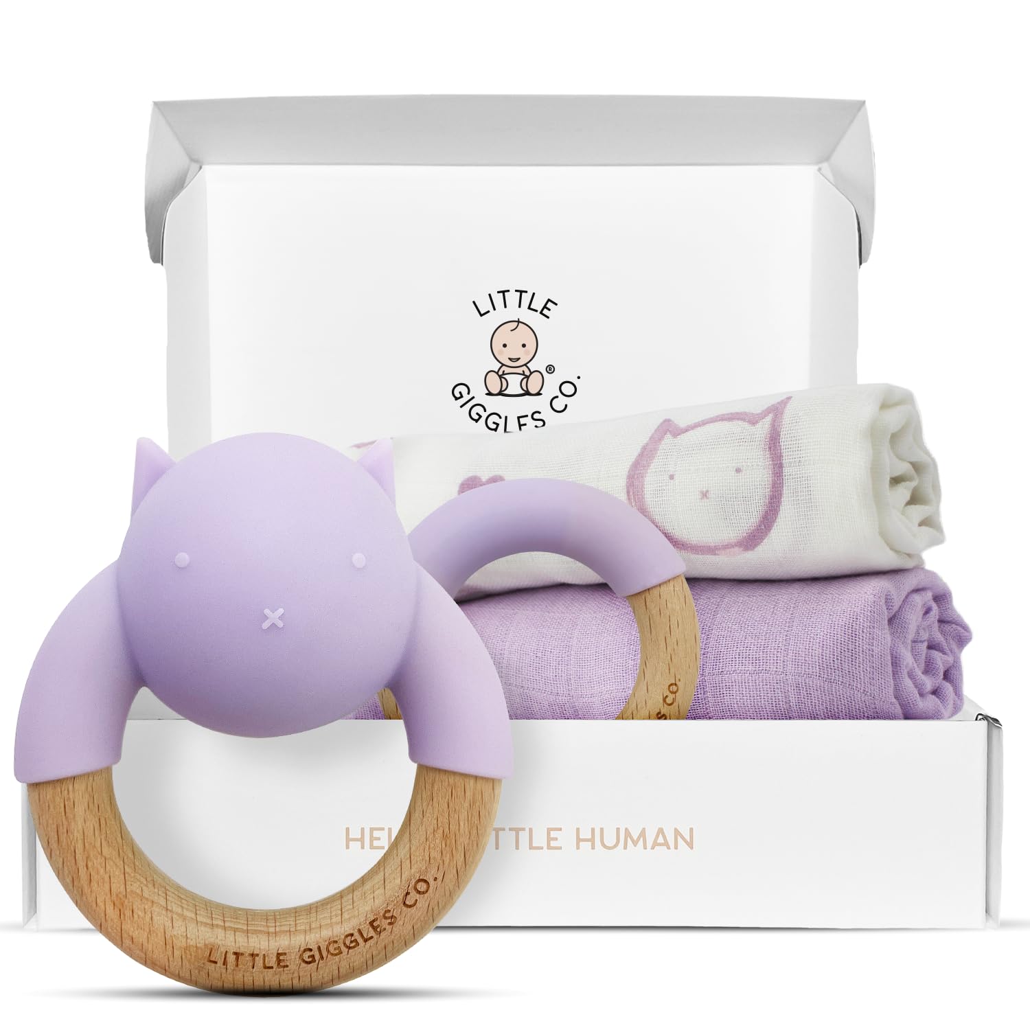 Little Giggles Co.® Baby Gifts - Neutral Teething Toys & Large Muslin Cloths Gift Set. Sensory Play Rattle, Soothing Teether Ring, Cotton Baby Muslins. Baby Essentials for Newborn & Baby Shower Gifts