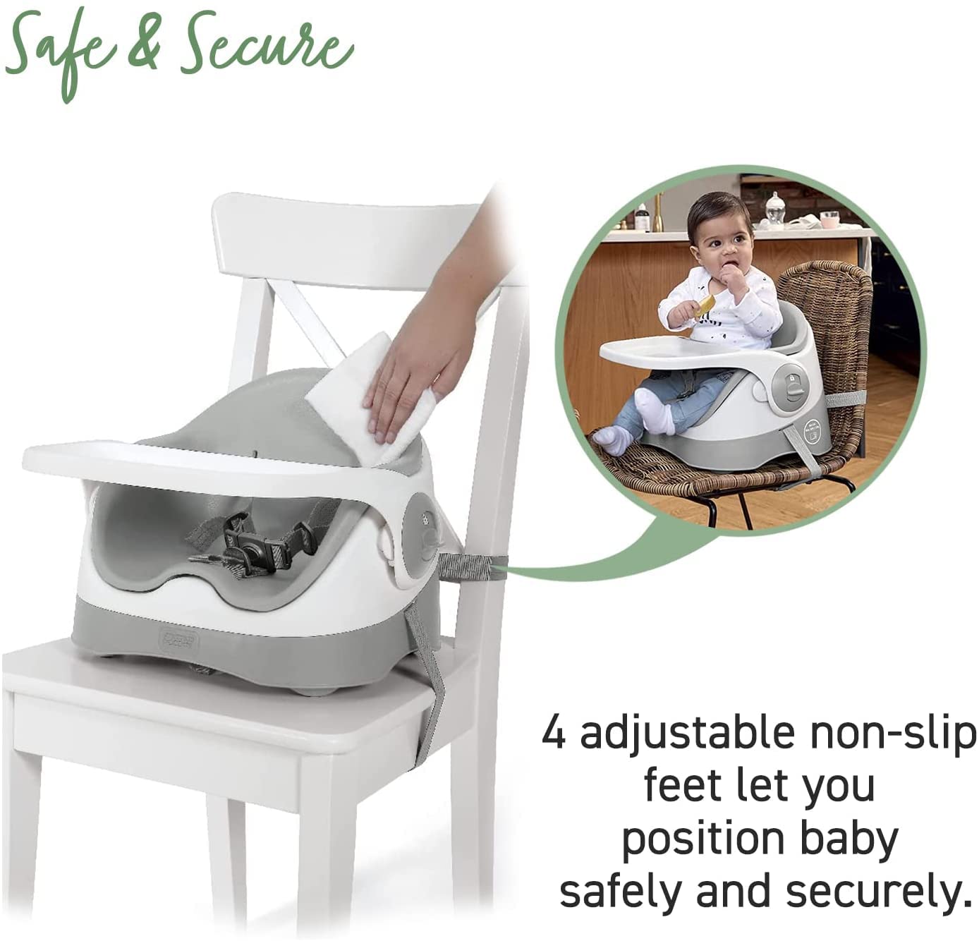 Mamas & Papas Baby Bud Booster Seat for Dining, Detachable Tray, Harness, Adjustable Seat and Non-Slip Feet, Pebble Grey