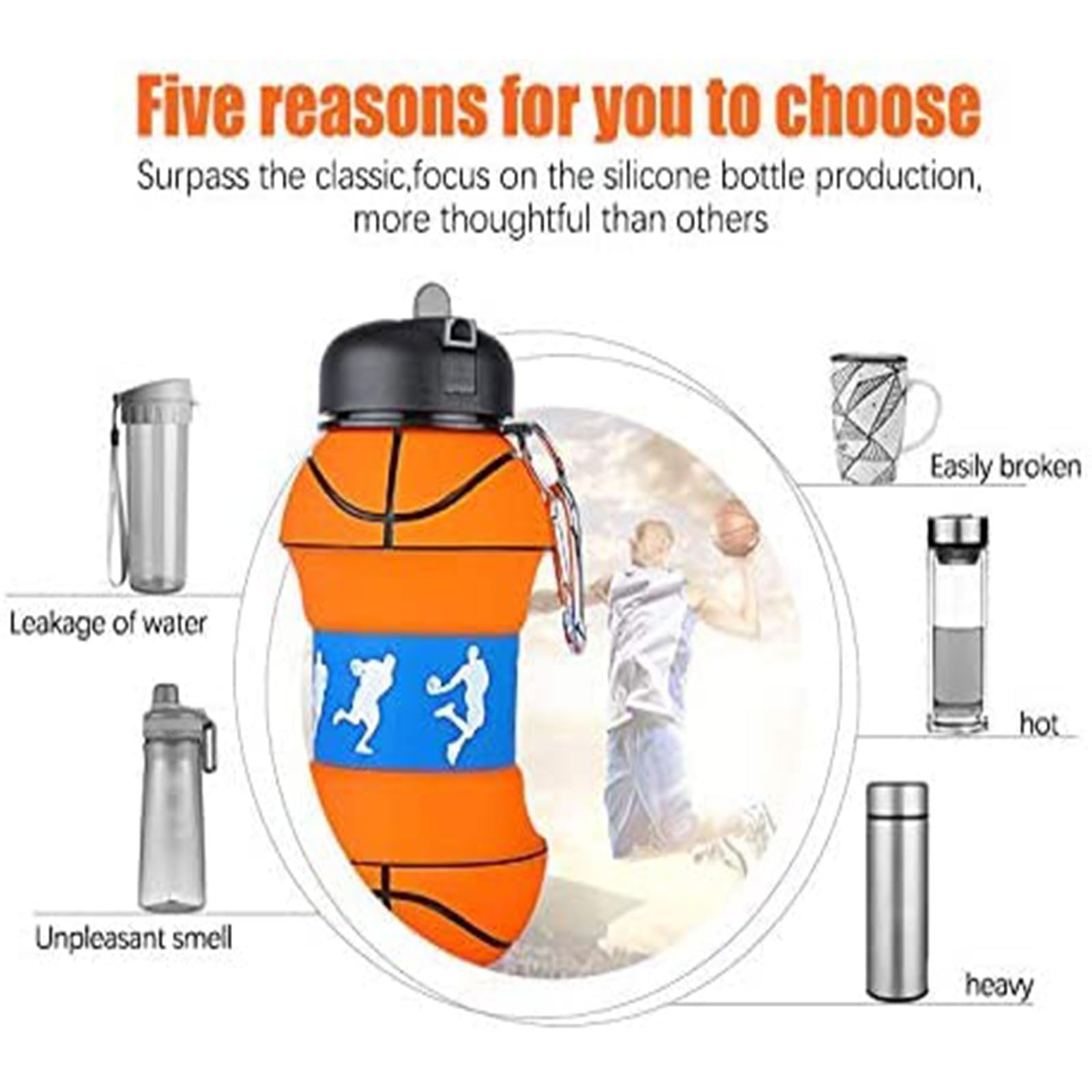 Louis Donné Collapsible Soccer Water Bottle, Silicone Football Water Bottle, 550ml/19oz Kids Water Bottle with Keyring, BPA-Free Drink Sports Water Bottle for School, Boys and Girls