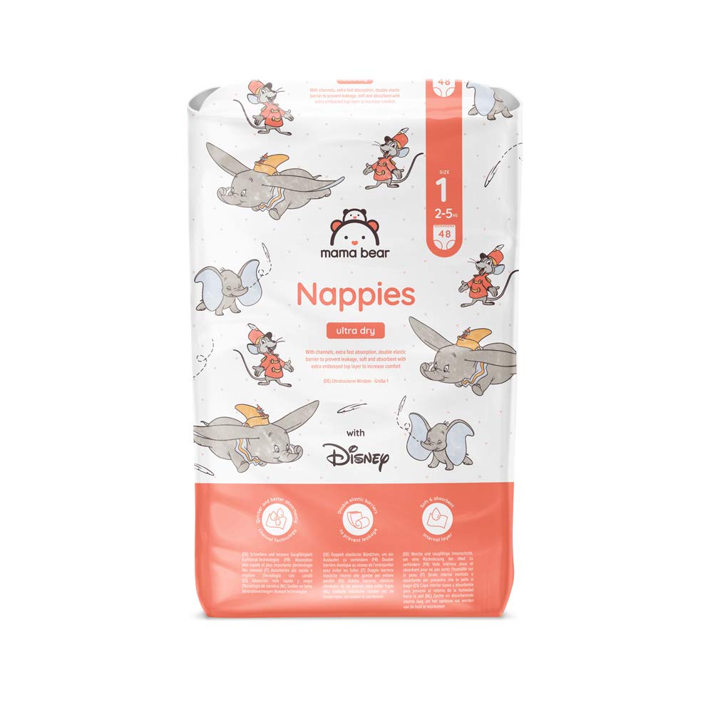 Amazon Brand - Mama Bear Disney Ultra Dry Nappies, Size 1 (2-5 kg), 96 Count, White, Monthly Pack