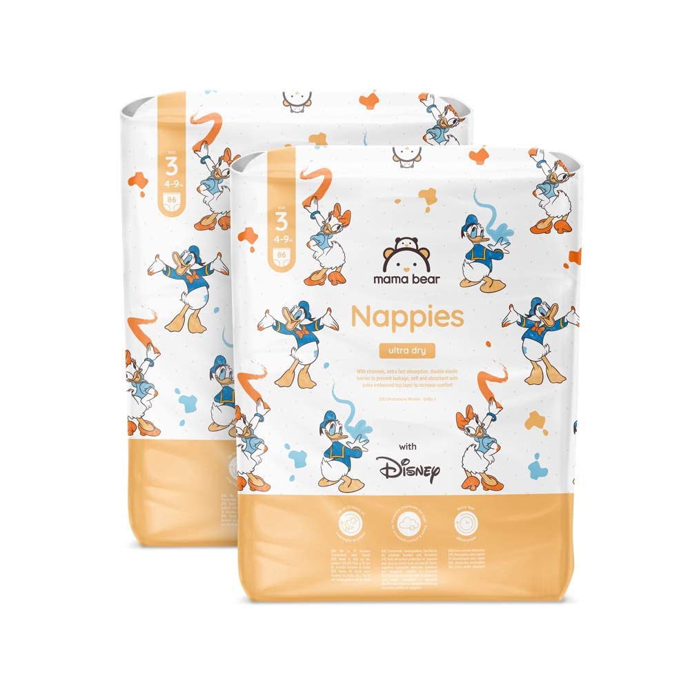 Amazon Brand - Mama Bear Disney Ultra Dry Nappies, Size 1 (2-5 kg), 96 Count, White, Monthly Pack