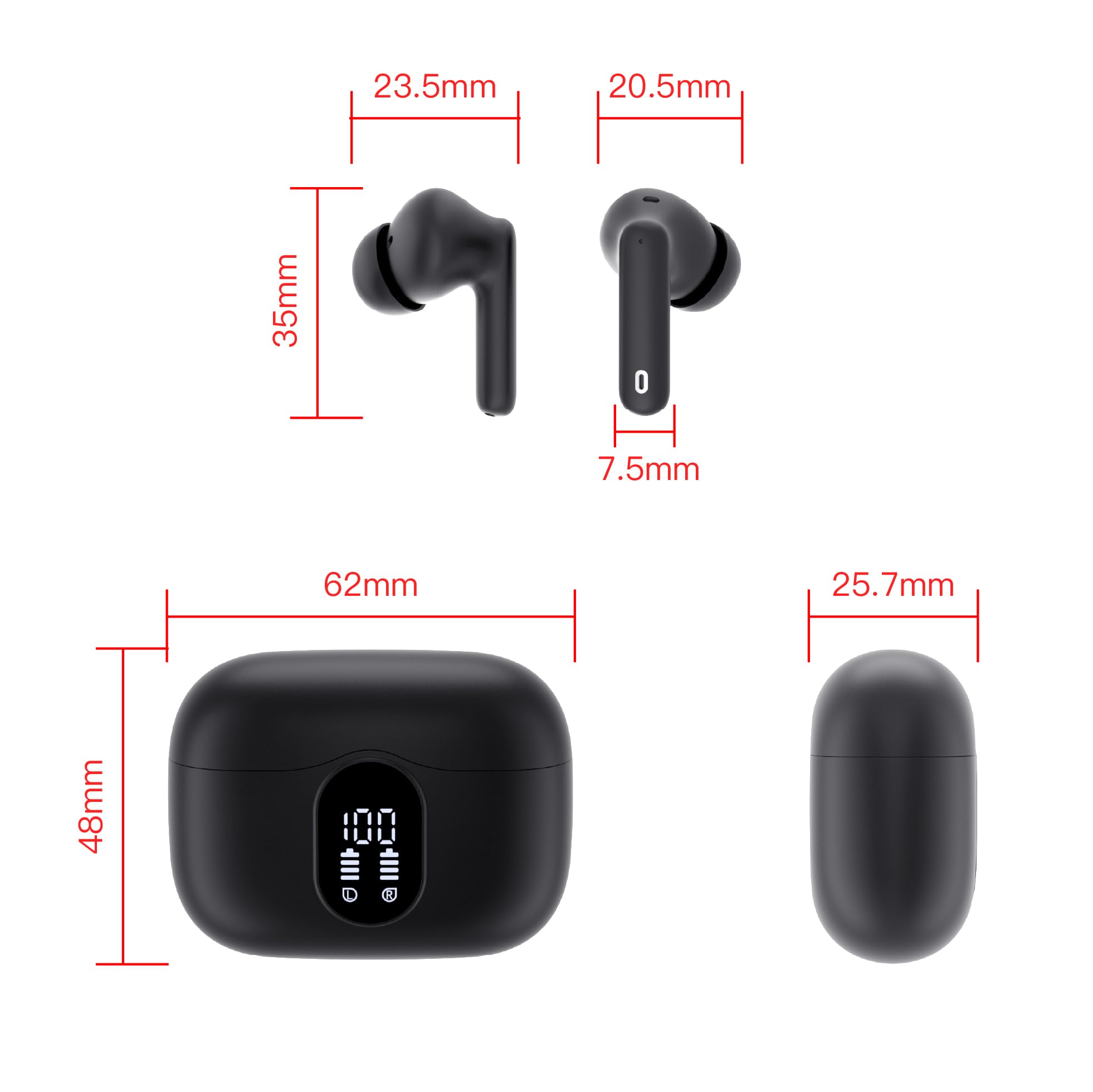 Wireless Earbuds, Bluetooth 5.3 Headphones In Ear with 4 ENC Noise Cancelling Mic, Btootos New Bluetooth Earbuds Mini Deep Bass Stereo Sound, 36H Playtime LED Display Wireless Earphones IP7 Waterproof