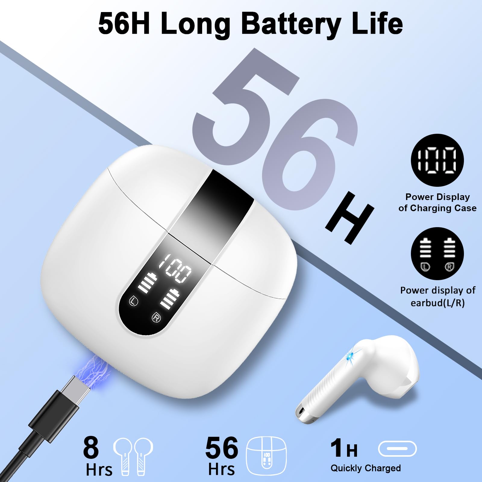 Wireless Earbuds, Bluetooth 5.3 Headphones NEW Wireless Headphones with 4 ENC Mic, 56H Bluetooth Earphones in Ear Noise Cancelling Deep Bass, Mini Ear Buds Bluetooth Earbuds IP7 Waterproof LED Display