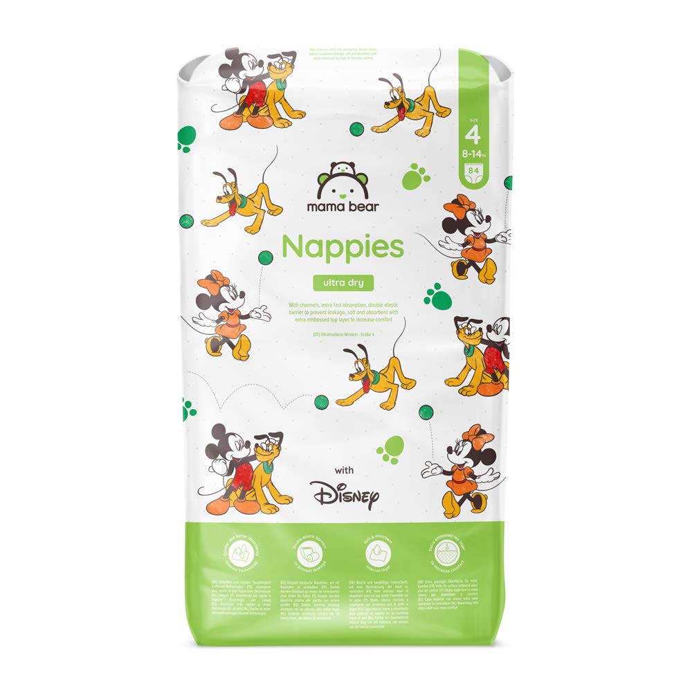 Amazon Brand - Mama Bear Disney Ultra Dry Nappies, Size 1 (2-5 kg), 96 Count, White, Monthly Pack