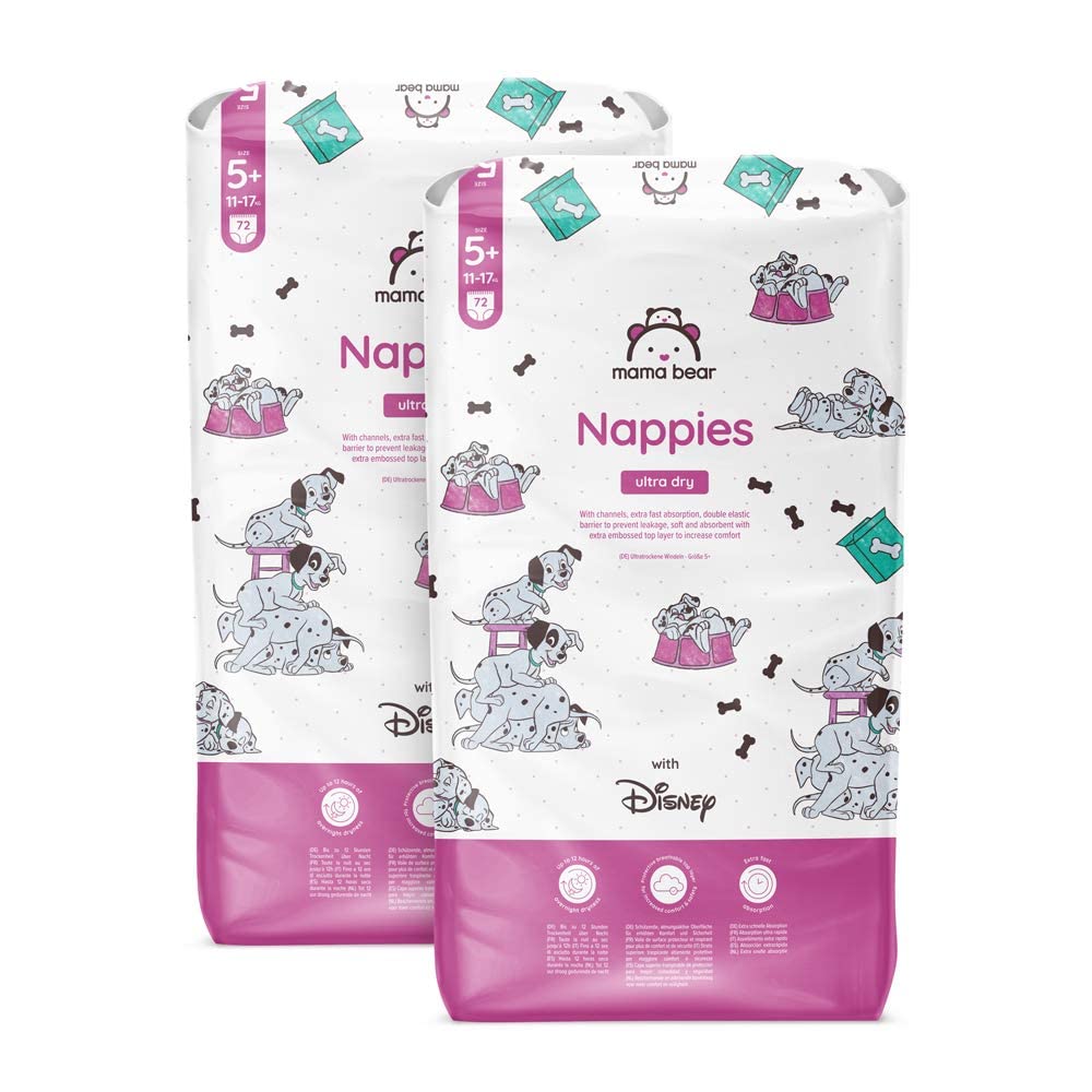 Amazon Brand - Mama Bear Disney Ultra Dry Nappies, Size 1 (2-5 kg), 96 Count, White, Monthly Pack