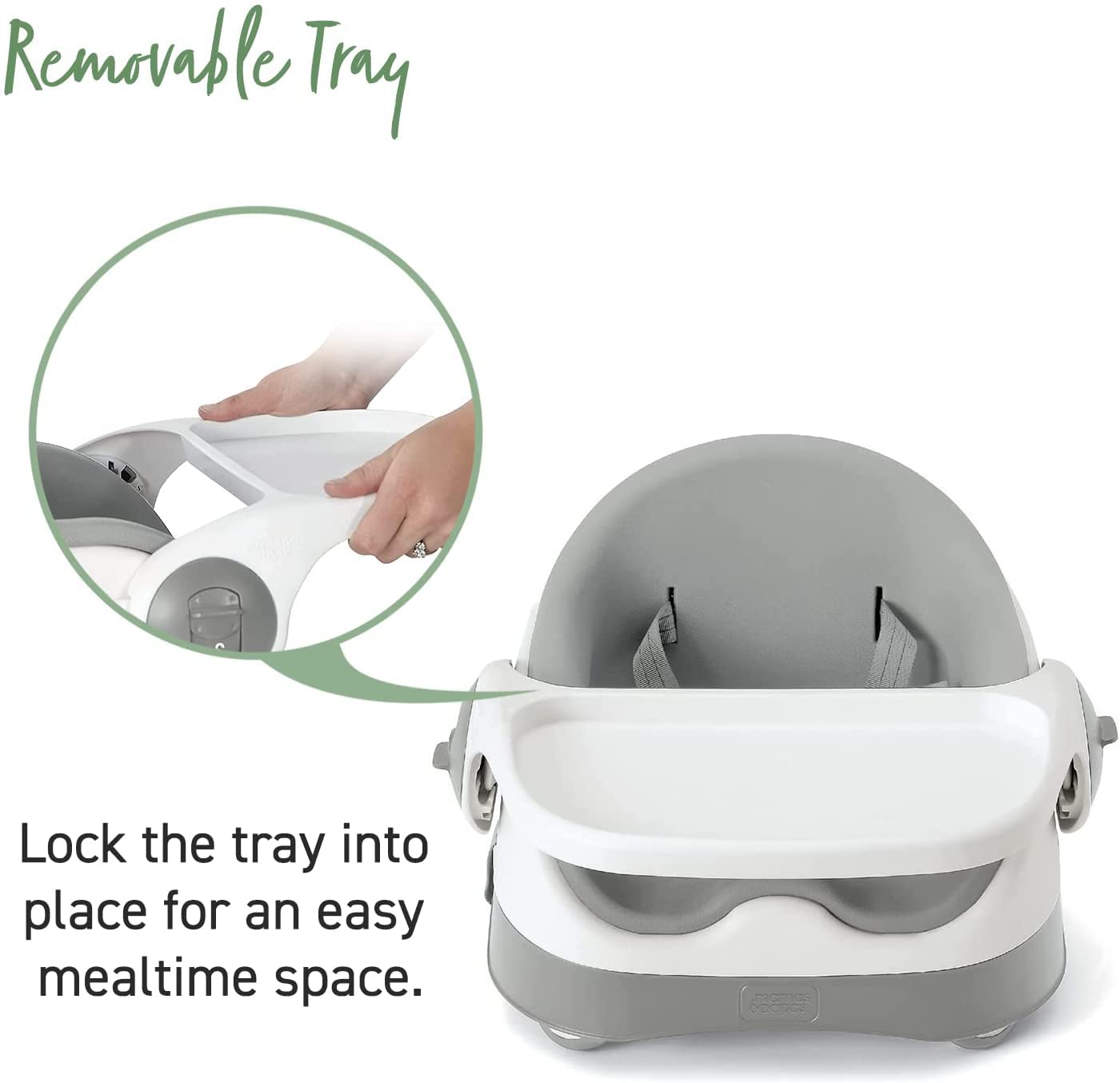 Mamas & Papas Baby Bud Booster Seat for Dining, Detachable Tray, Harness, Adjustable Seat and Non-Slip Feet, Pebble Grey