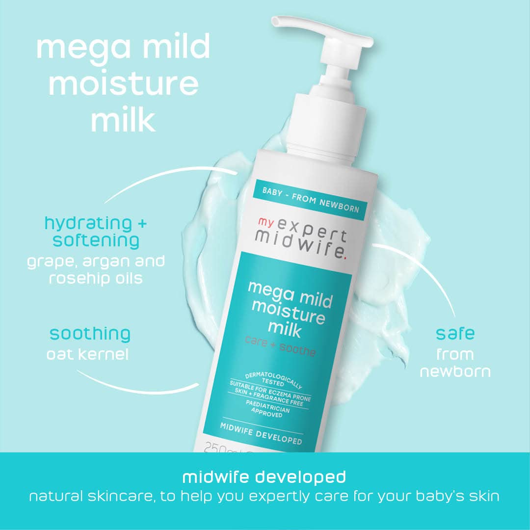 My Expert Midwife Newborn Baby Mega Mild Skincare Essentials Kit with Mega Mild Cleansing Baby Body Wash, Mega Mild Moisture Milk Baby Cream and No Harm Bum Balm Nappy Cream (Pack of 3)