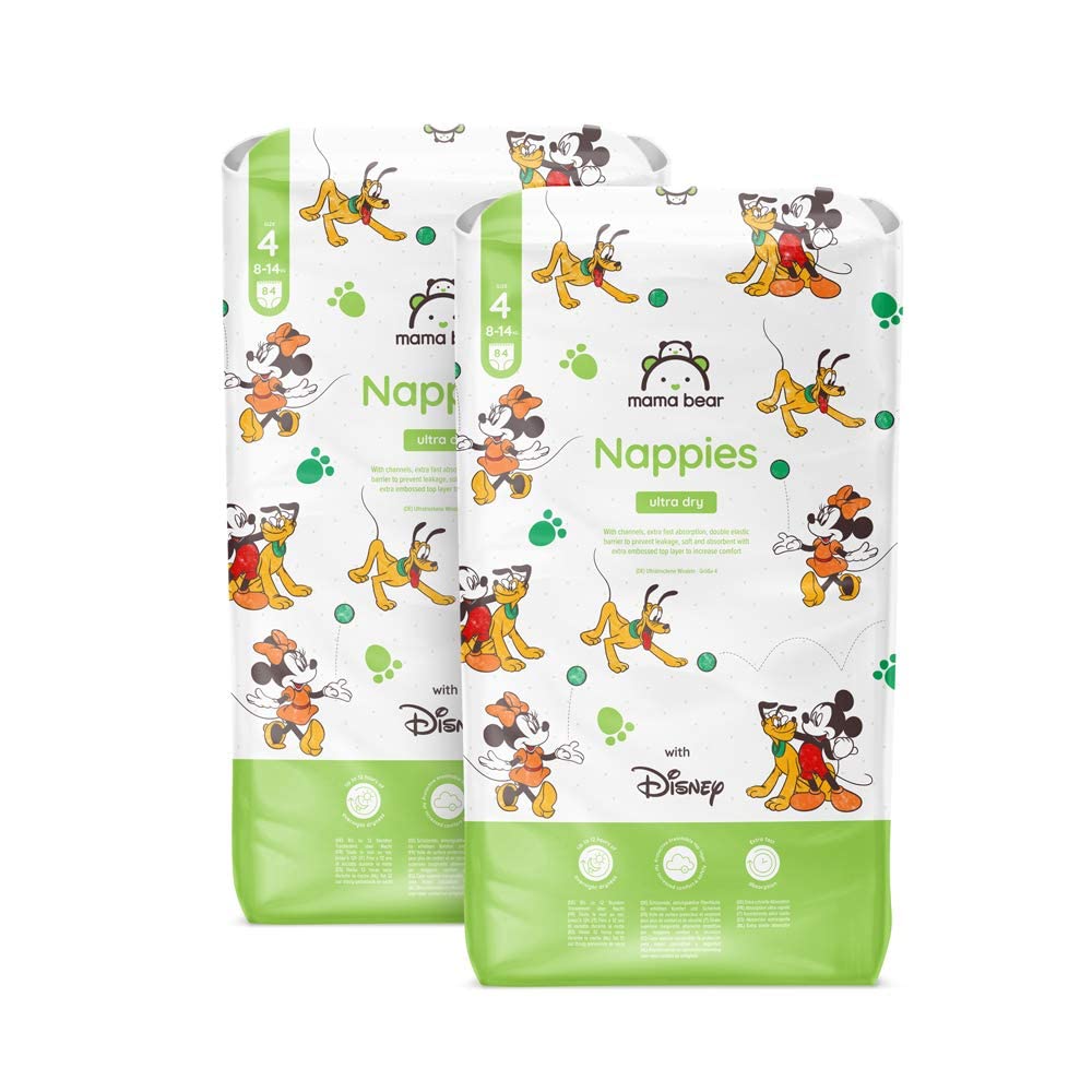 Amazon Brand - Mama Bear Disney Ultra Dry Nappies, Size 1 (2-5 kg), 96 Count, White, Monthly Pack