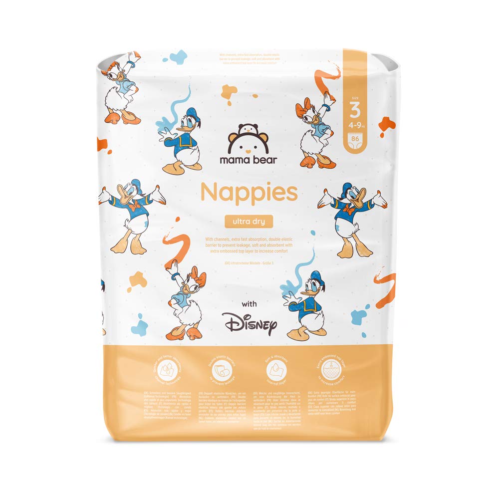 Amazon Brand - Mama Bear Disney Ultra Dry Nappies, Size 1 (2-5 kg), 96 Count, White, Monthly Pack