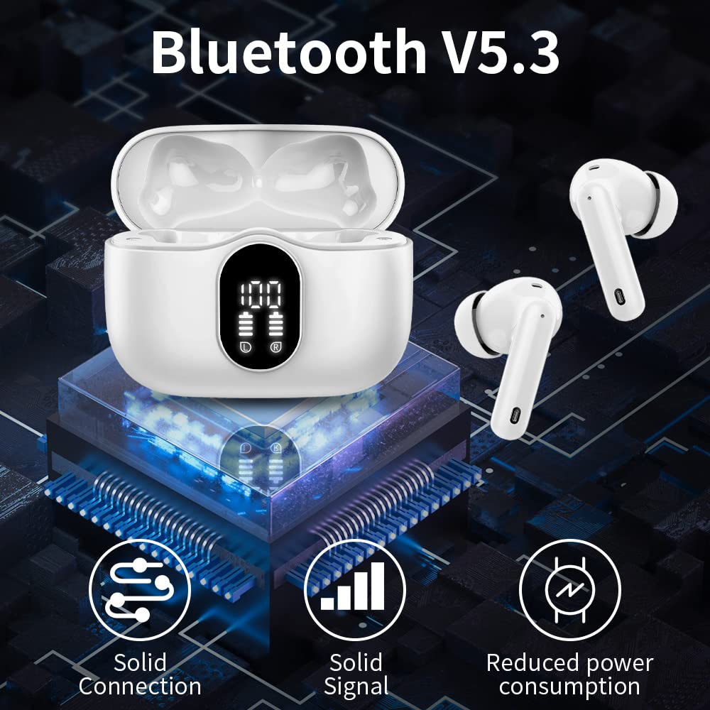 Wireless Earbuds, Bluetooth 5.3 Headphones In Ear with 4 ENC Noise Cancelling Mic, Btootos New Bluetooth Earbuds Mini Deep Bass Stereo Sound, 36H Playtime LED Display Wireless Earphones IP7 Waterproof