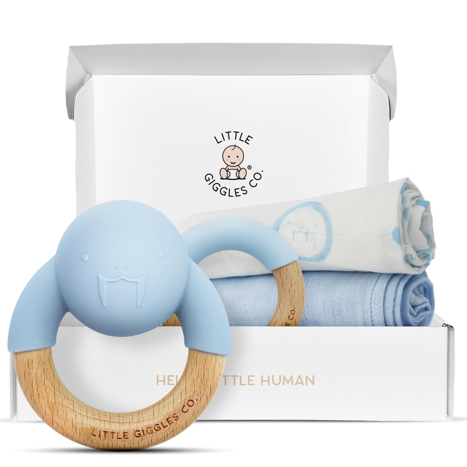 Little Giggles Co.® Baby Gifts - Neutral Teething Toys & Large Muslin Cloths Gift Set. Sensory Play Rattle, Soothing Teether Ring, Cotton Baby Muslins. Baby Essentials for Newborn & Baby Shower Gifts