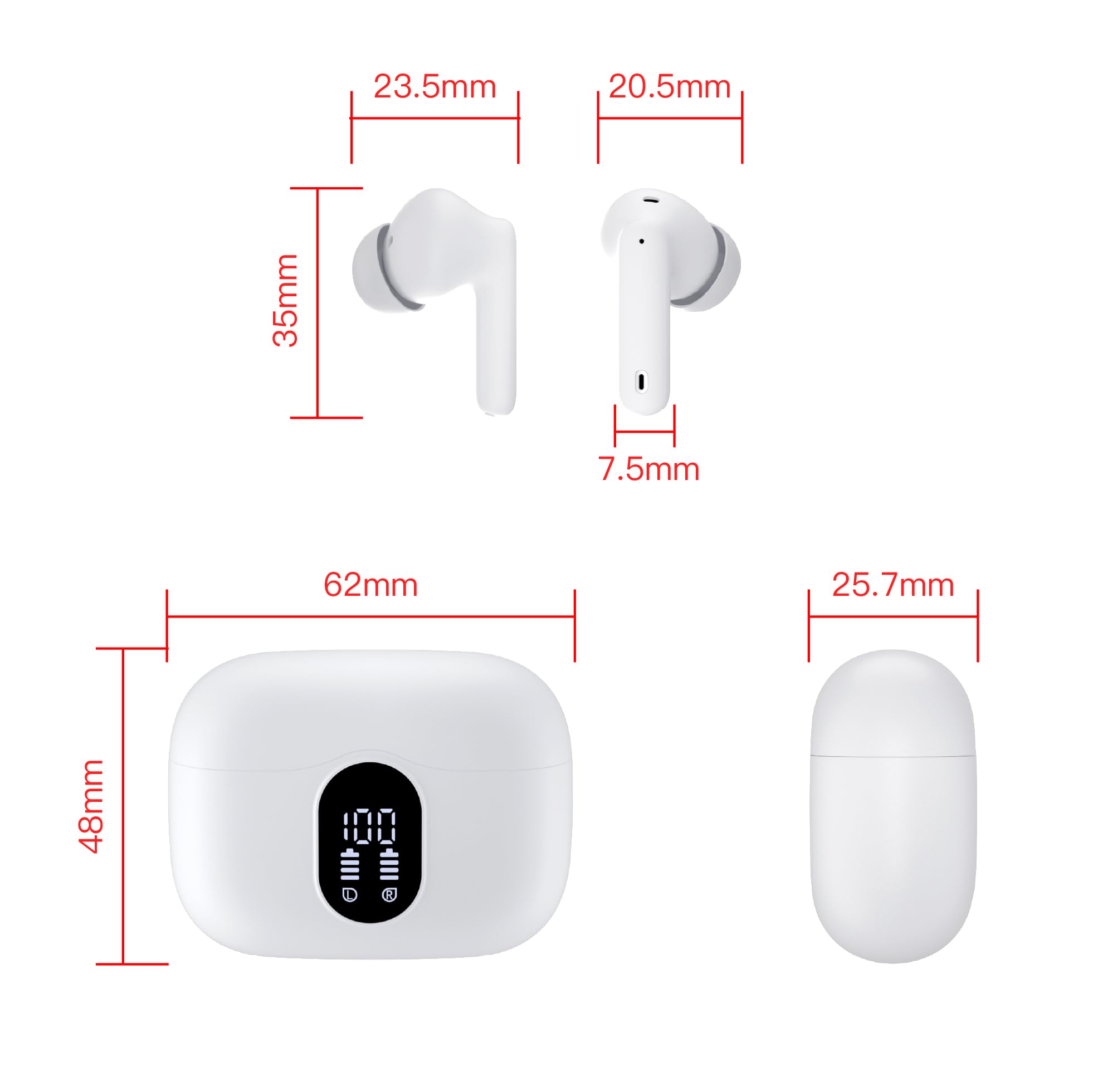 Wireless Earbuds, Bluetooth 5.3 Headphones In Ear with 4 ENC Noise Cancelling Mic, Btootos New Bluetooth Earbuds Mini Deep Bass Stereo Sound, 36H Playtime LED Display Wireless Earphones IP7 Waterproof