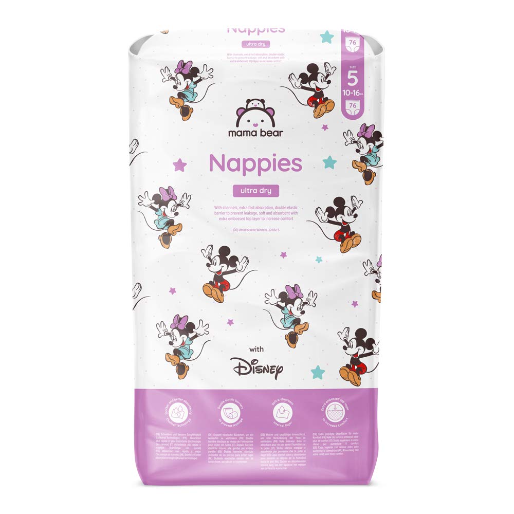 Amazon Brand - Mama Bear Disney Ultra Dry Nappies, Size 1 (2-5 kg), 96 Count, White, Monthly Pack