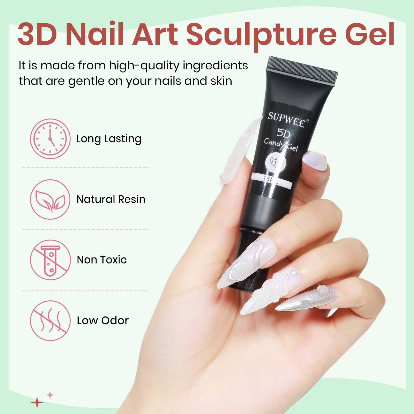 SUPWEE 3D Sculpture Gel Clear Nail Carving Gel for Nail Art Molding Gel DIY Nail Painting Carved Gel Nail Polish 5D Embossed Candy Gel Nail Decoration Manicure 15g