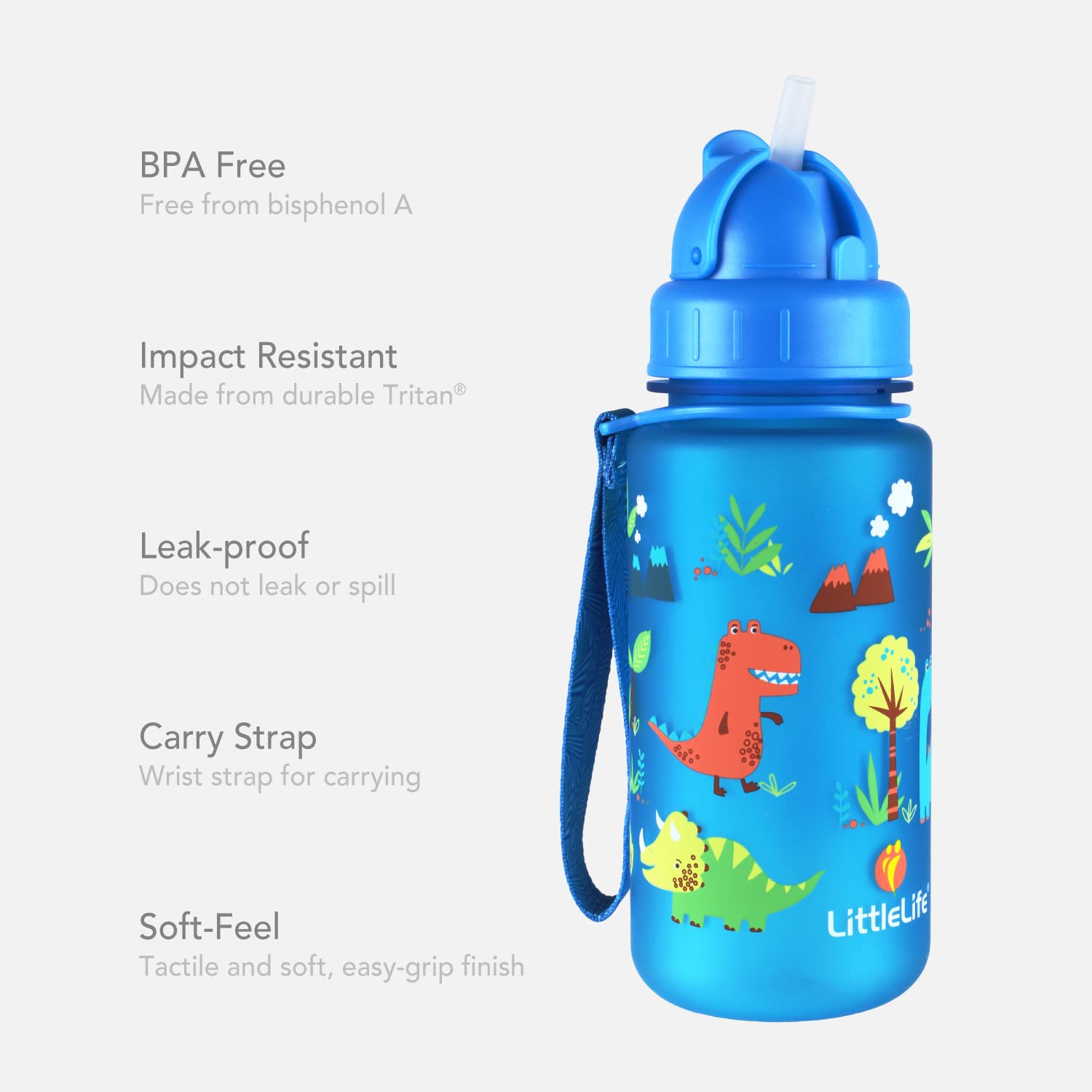 Children's Water Bottle With Easy-Access Lid & Straw, 400ml, Blue Dinosaurs