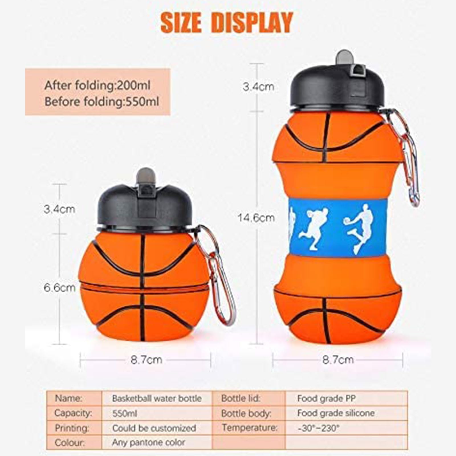 Louis Donné Collapsible Soccer Water Bottle, Silicone Football Water Bottle, 550ml/19oz Kids Water Bottle with Keyring, BPA-Free Drink Sports Water Bottle for School, Boys and Girls