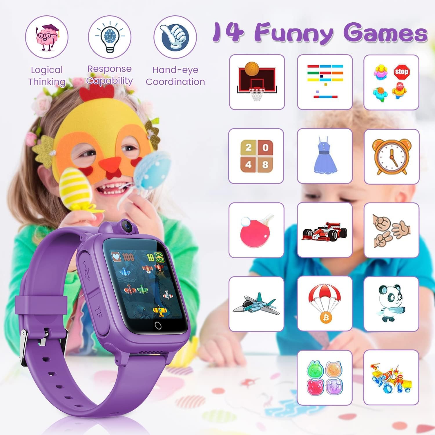 Awatty Kids Smart Watch for Boys Girls, Birthday Gift for 5-12 Year Olds Children, Electronic Learning Toys with 14 Puzzle Games, Pink Digital Watch with 90° Rotating Camera and MP3 Music Player