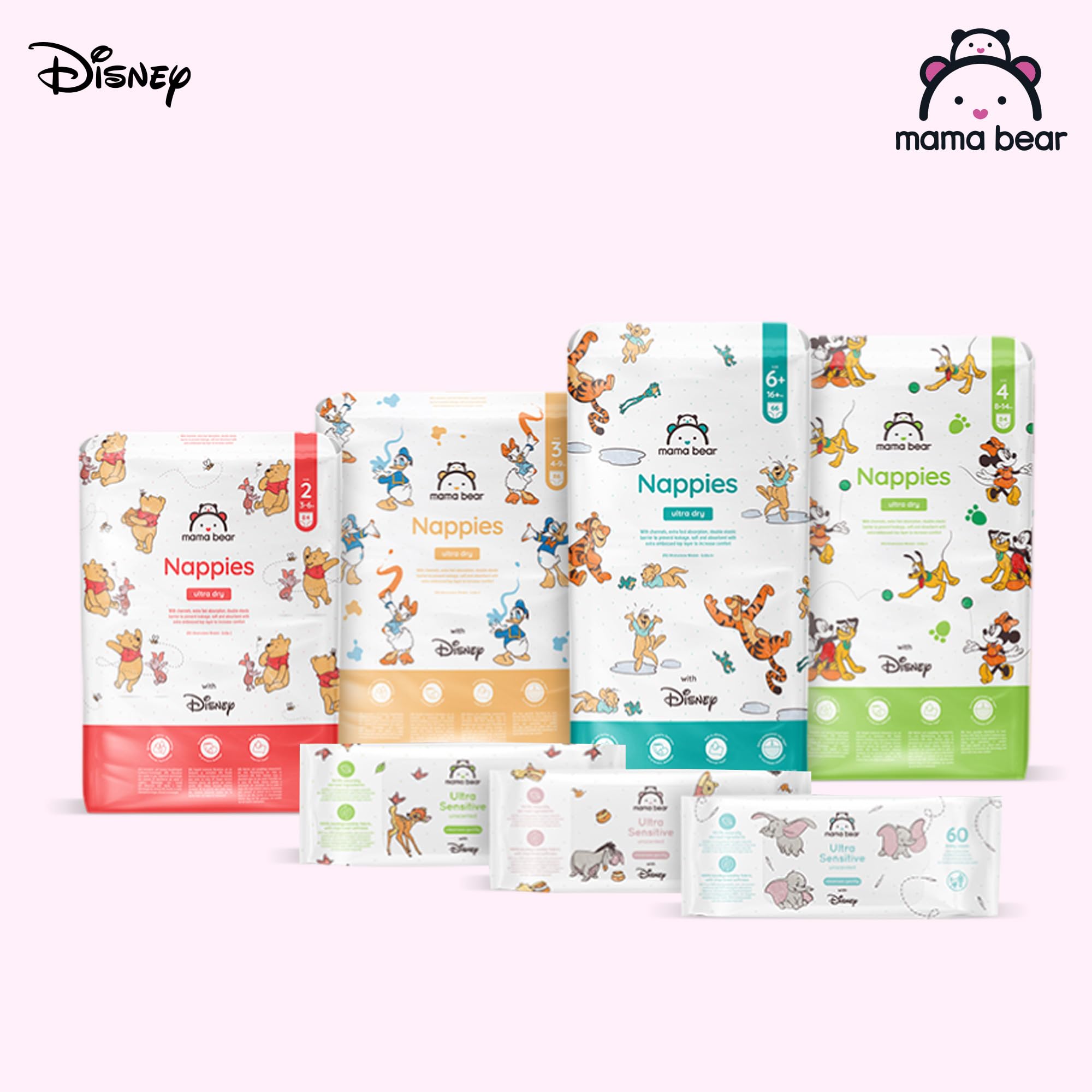 Amazon Brand - Mama Bear Disney Ultra Dry Nappies, Size 1 (2-5 kg), 96 Count, White, Monthly Pack