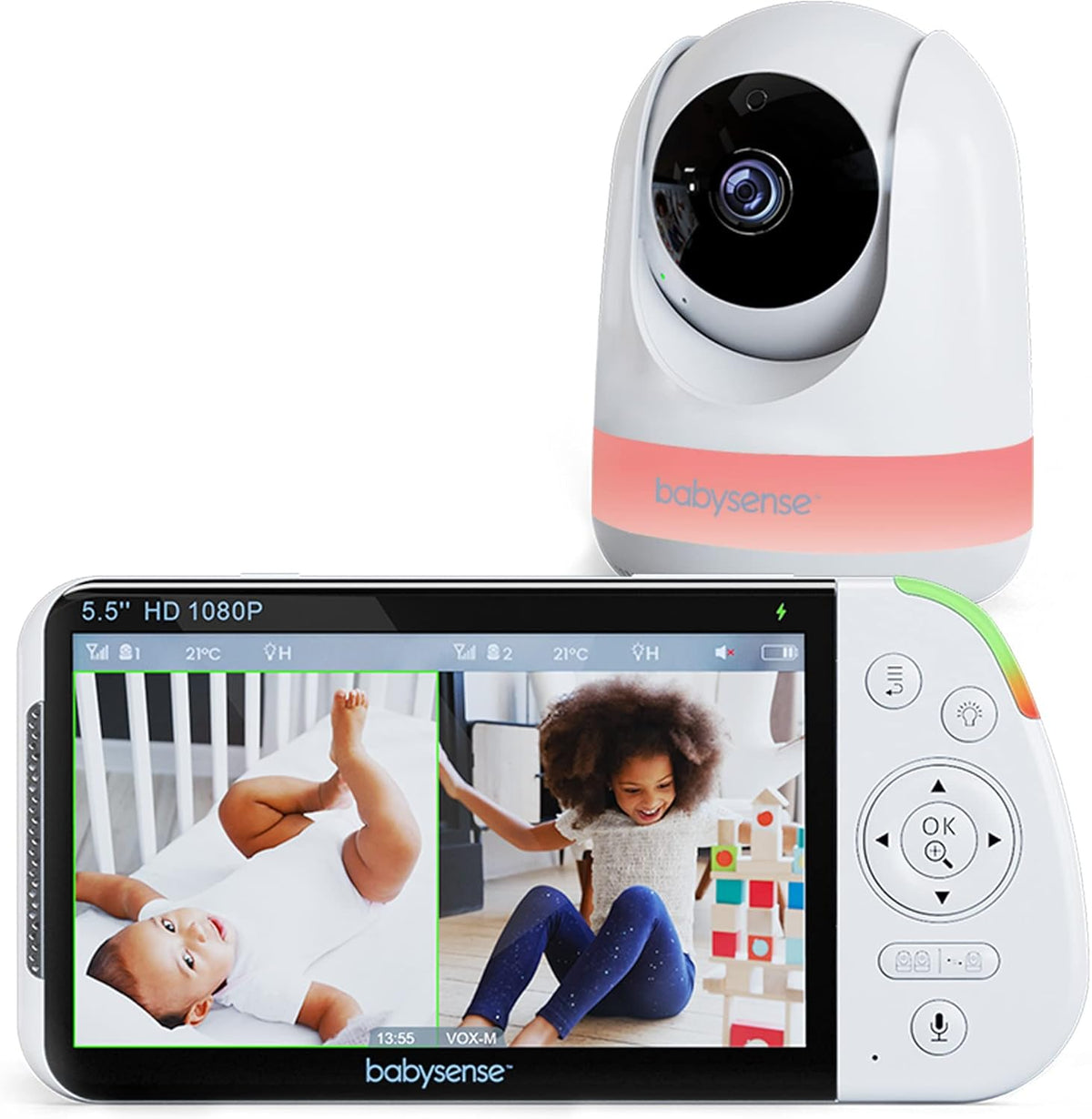 Babysense 5.5” 1080p Full HD Split-Screen Baby Monitor, Video Baby Monitor with Camera and Audio, PTZ Camera, RGB Night Light, 300m Range, Two-Way Audio, 4x Zoom, 5000mAh Battery