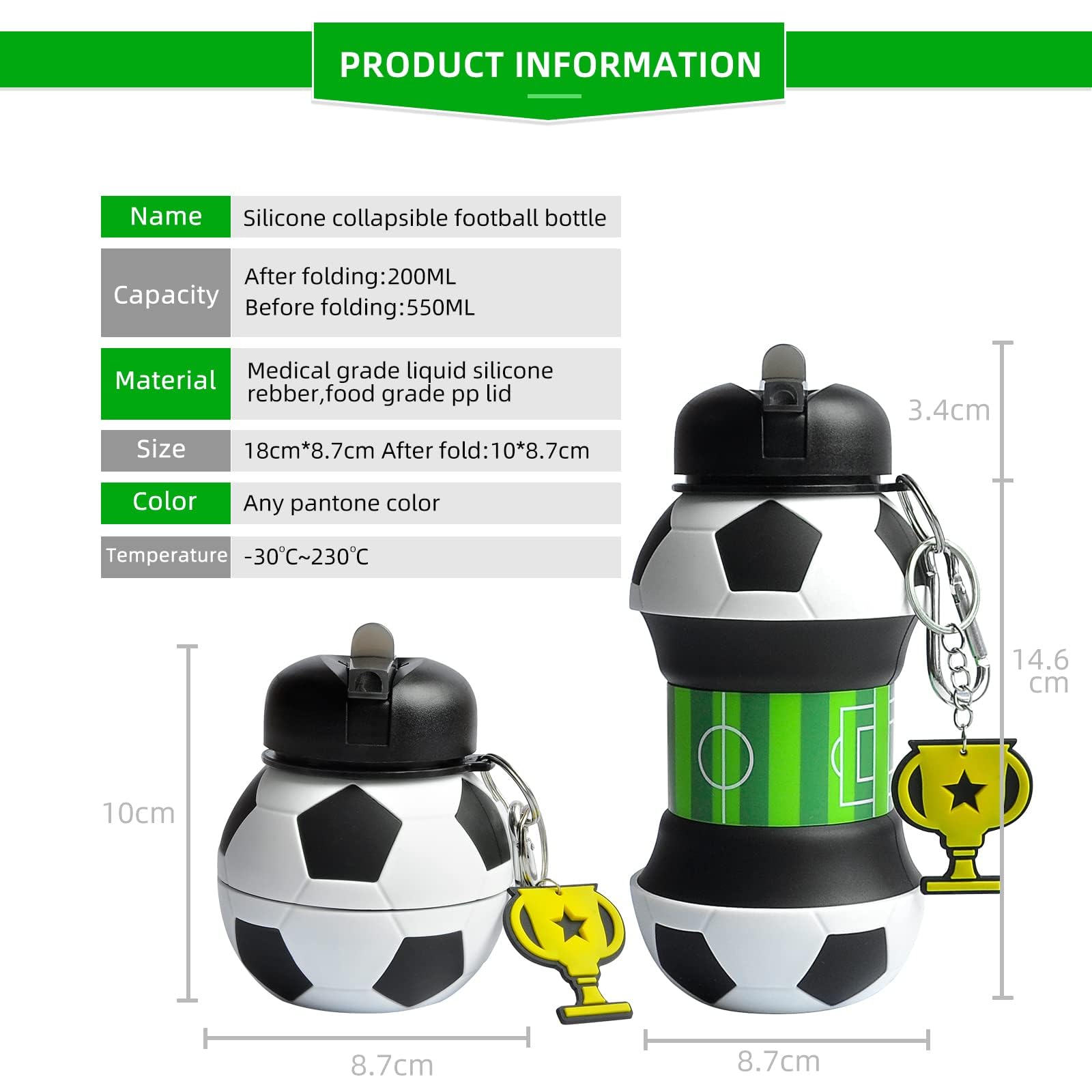 Louis Donné Collapsible Soccer Water Bottle, Silicone Football Water Bottle, 550ml/19oz Kids Water Bottle with Keyring, BPA-Free Drink Sports Water Bottle for School, Boys and Girls