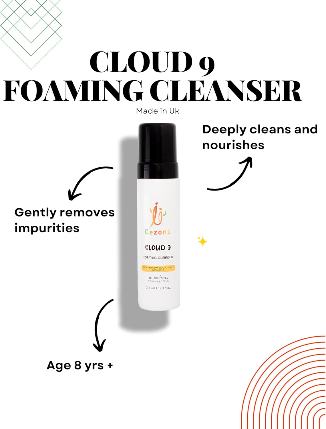 Cezons Cloud 9 Foaming Cleanser - A Gentle Kids Face Wash - Hydrating Face Wash for Kids, Preteens & Teenagers - Natural and Alcohol Free Fragrance Free Skincare - 200ML