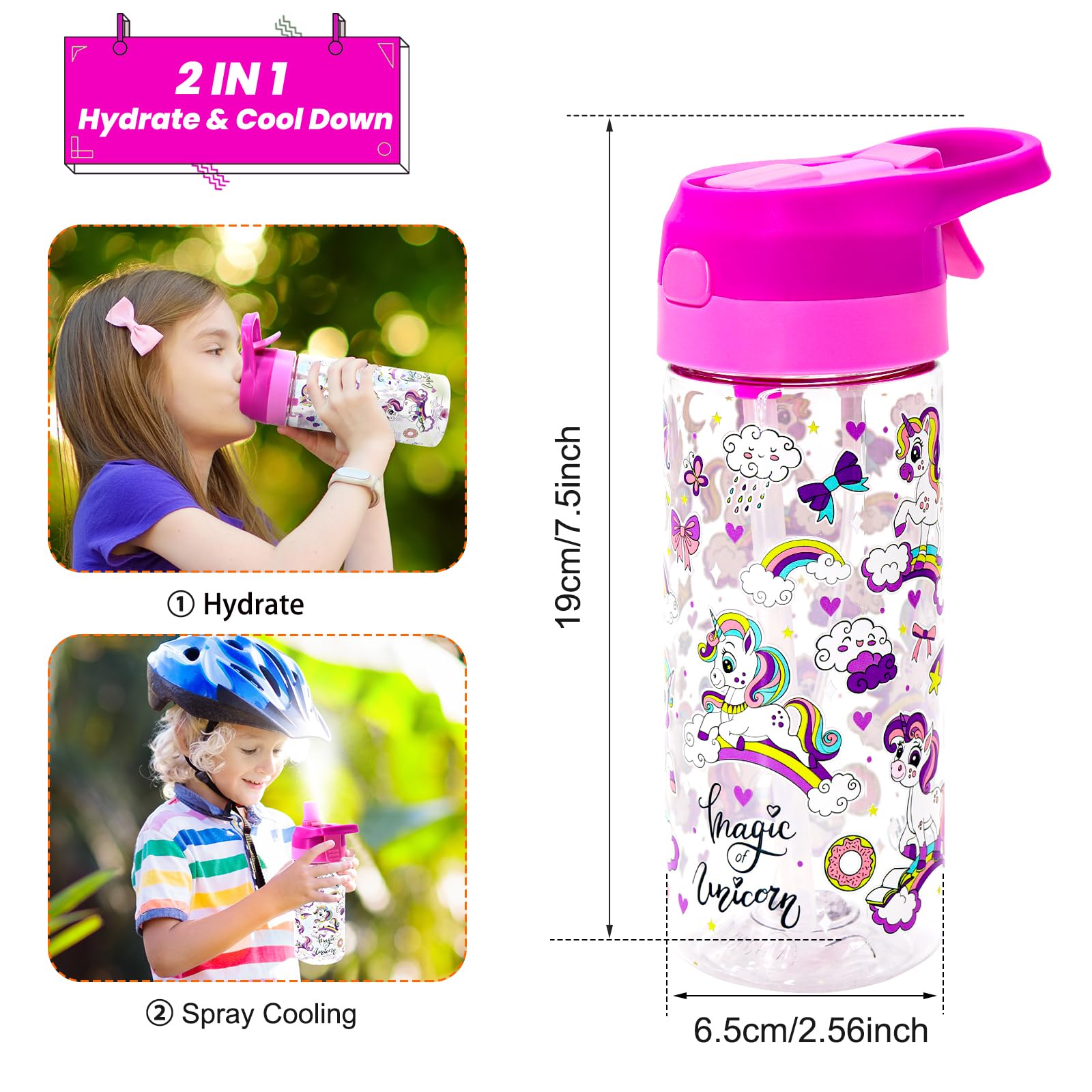 Newthinking Kids Water Bottle with Spray Mist, 420ml Portable Kids Spray Drinking Bottle for Boys Girls School Cool Down and Hydrate