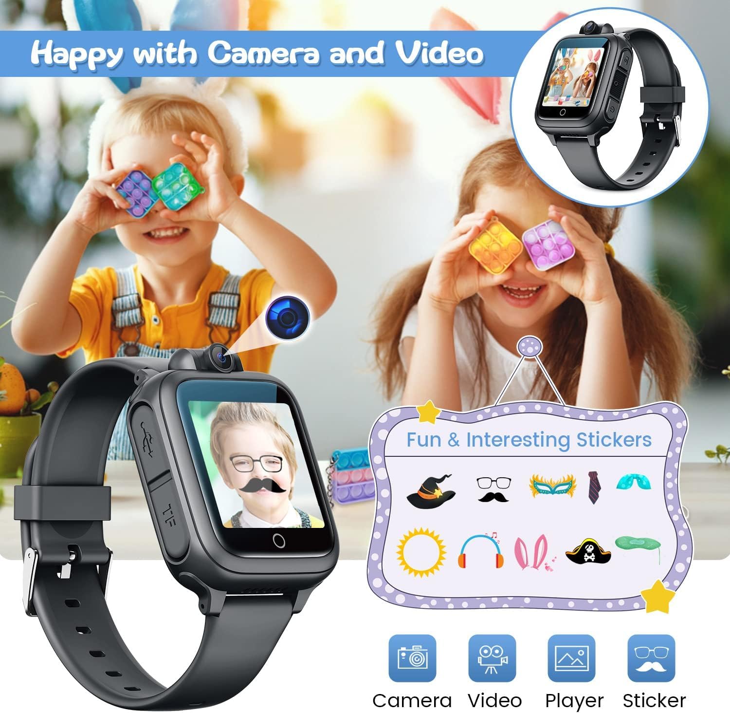 Awatty Kids Smart Watch for Boys Girls, Birthday Gift for 5-12 Year Olds Children, Electronic Learning Toys with 14 Puzzle Games, Pink Digital Watch with 90° Rotating Camera and MP3 Music Player