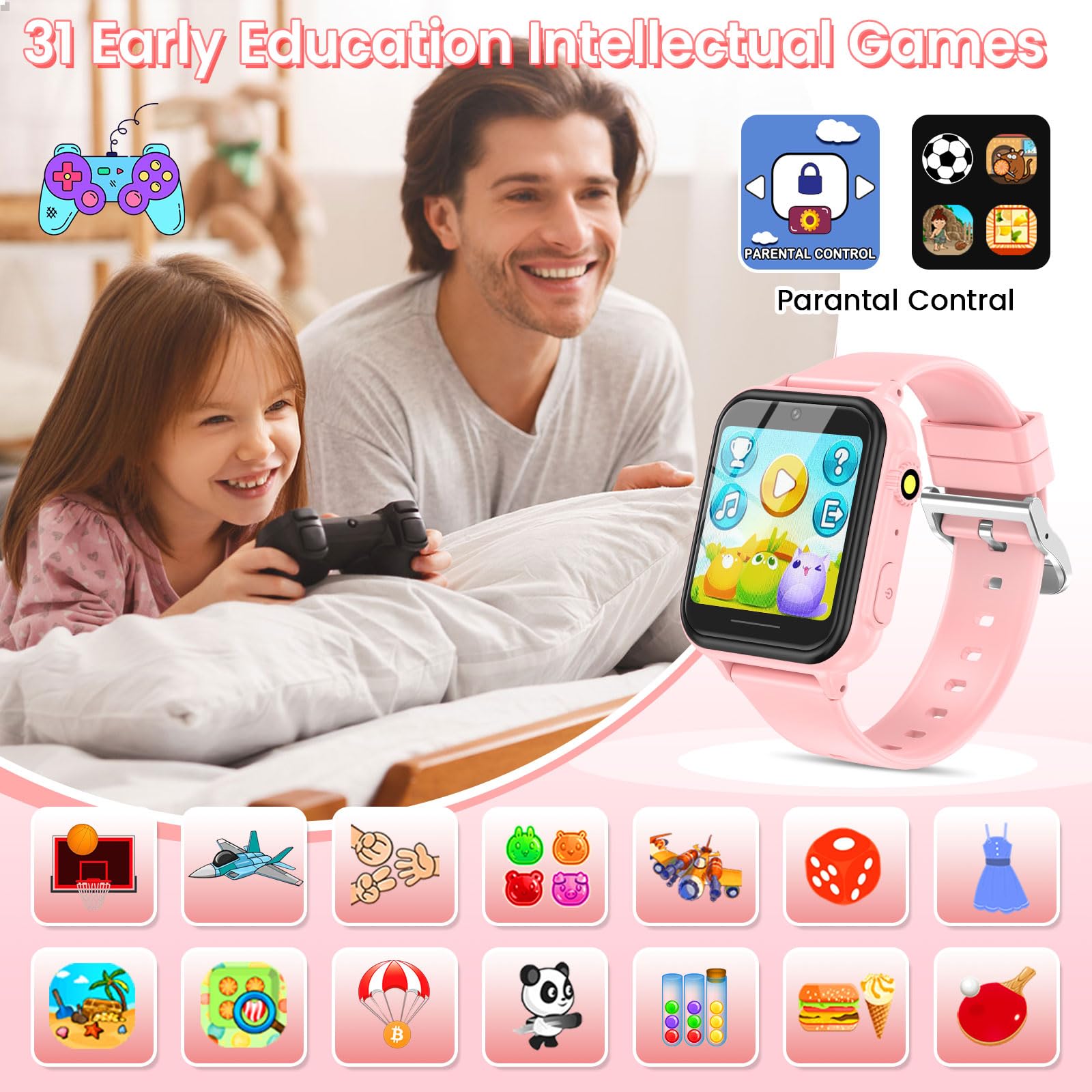 2G Smart Watch for Kids Gift for Girls Ages 4-12 - Includes Screen Protector, 30+ Games, 140 Learning Cards, HD Touch Screen, Camera, Music, Pedometer - Fun & Educational Birthday Gift Idea (Pink)