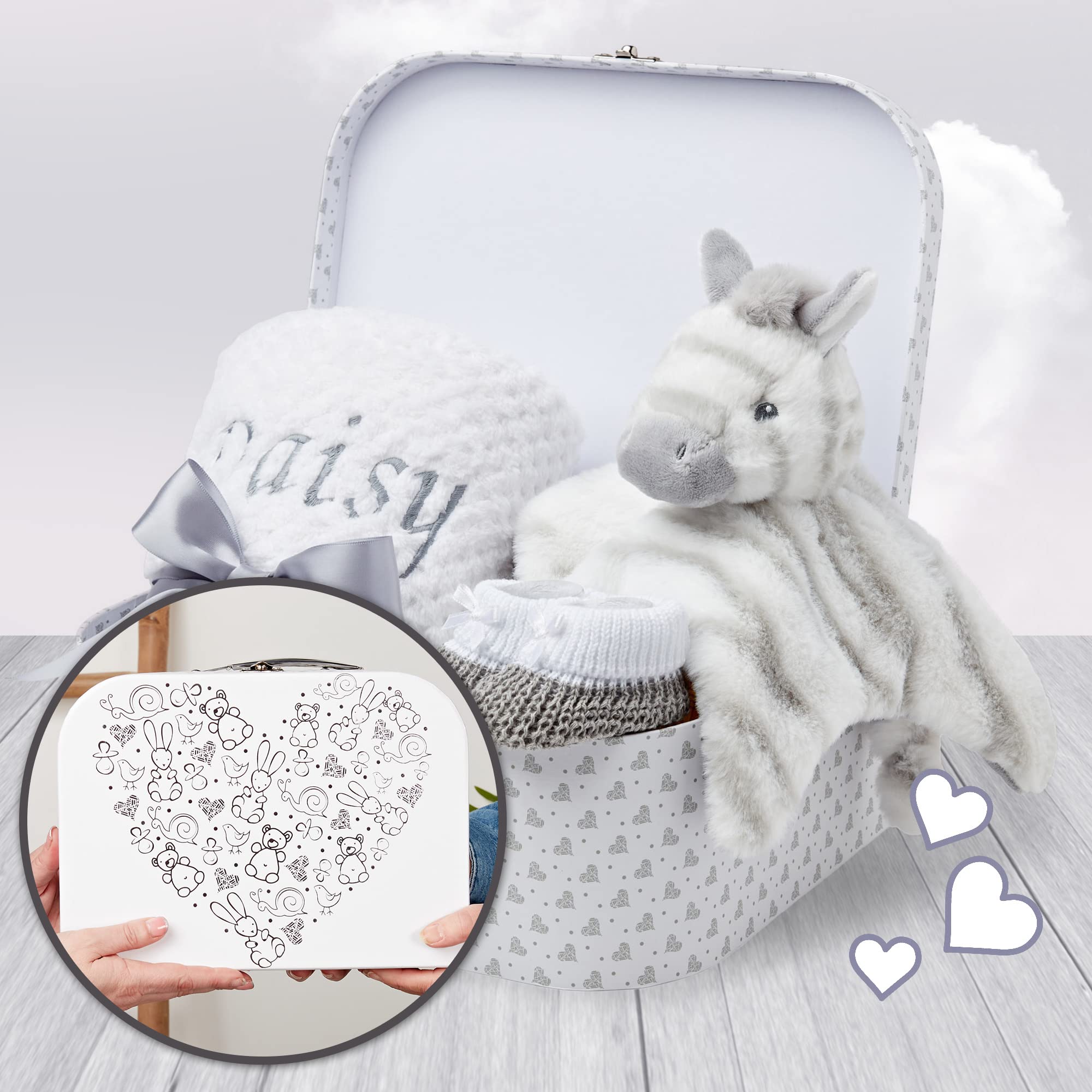 Baby Box Shop New Baby Gifts Set - 3 Baby Essentials and a Newborn Hamper Create a Premium Newborn Gift Set, New Baby Hamper Basket Girl, New Born Baby Gift - Baby Shower Hamper for Newborn - Zebra