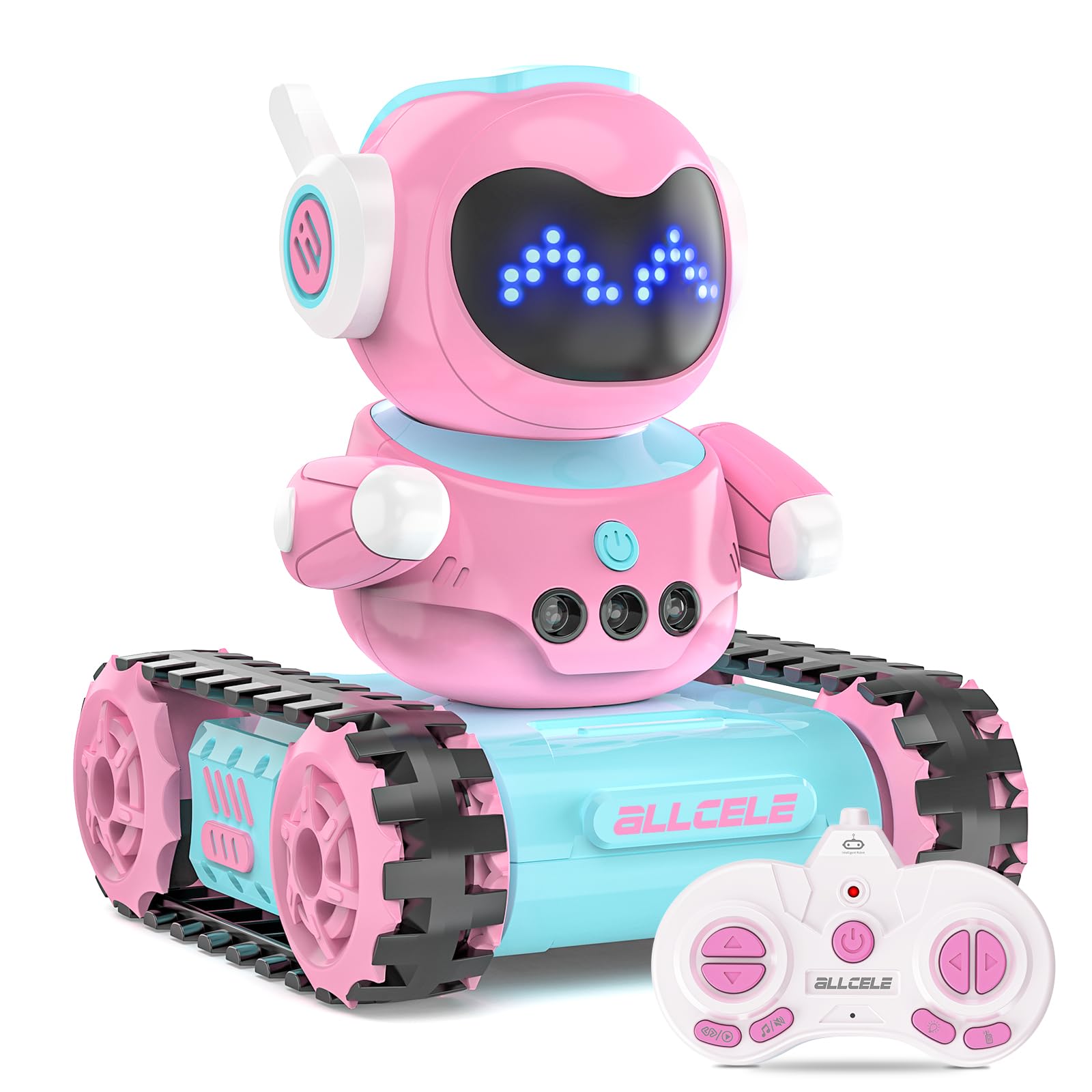 ALLCELE Robot Toys, Rechargeable Kids RC Robots for Girls & Boys, Remote Control Toy with LED Eyes & Music, for Children Age 3+ Years Old - Pink