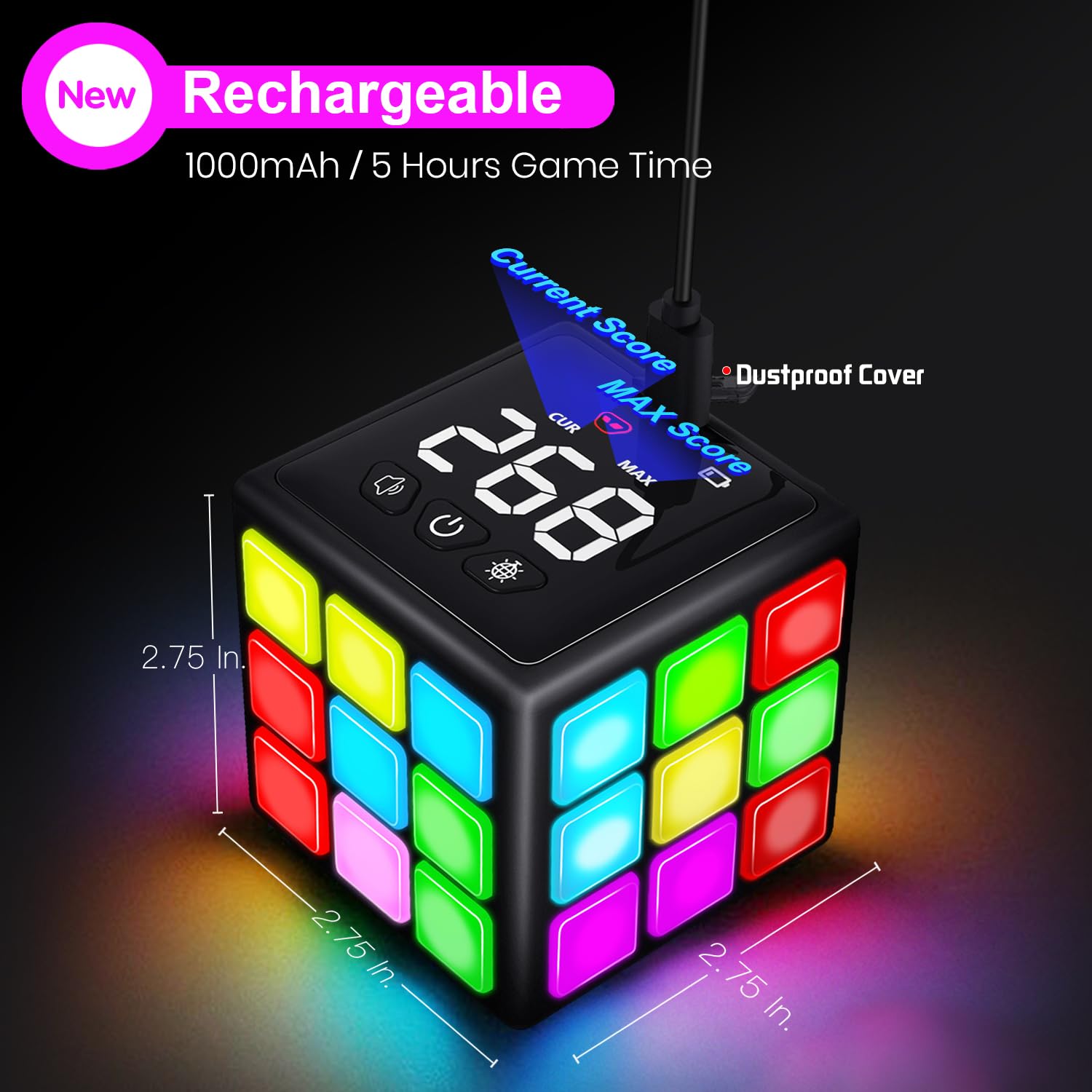 Xinbeiya Rechargeable Game Handheld Cube, 15 Fun Brain & Memory Game with Score Screen, Cool Toys for Kids, Christmas Birthday Gifts for Boys Girls Aged 6-12+ Years Old (Black)