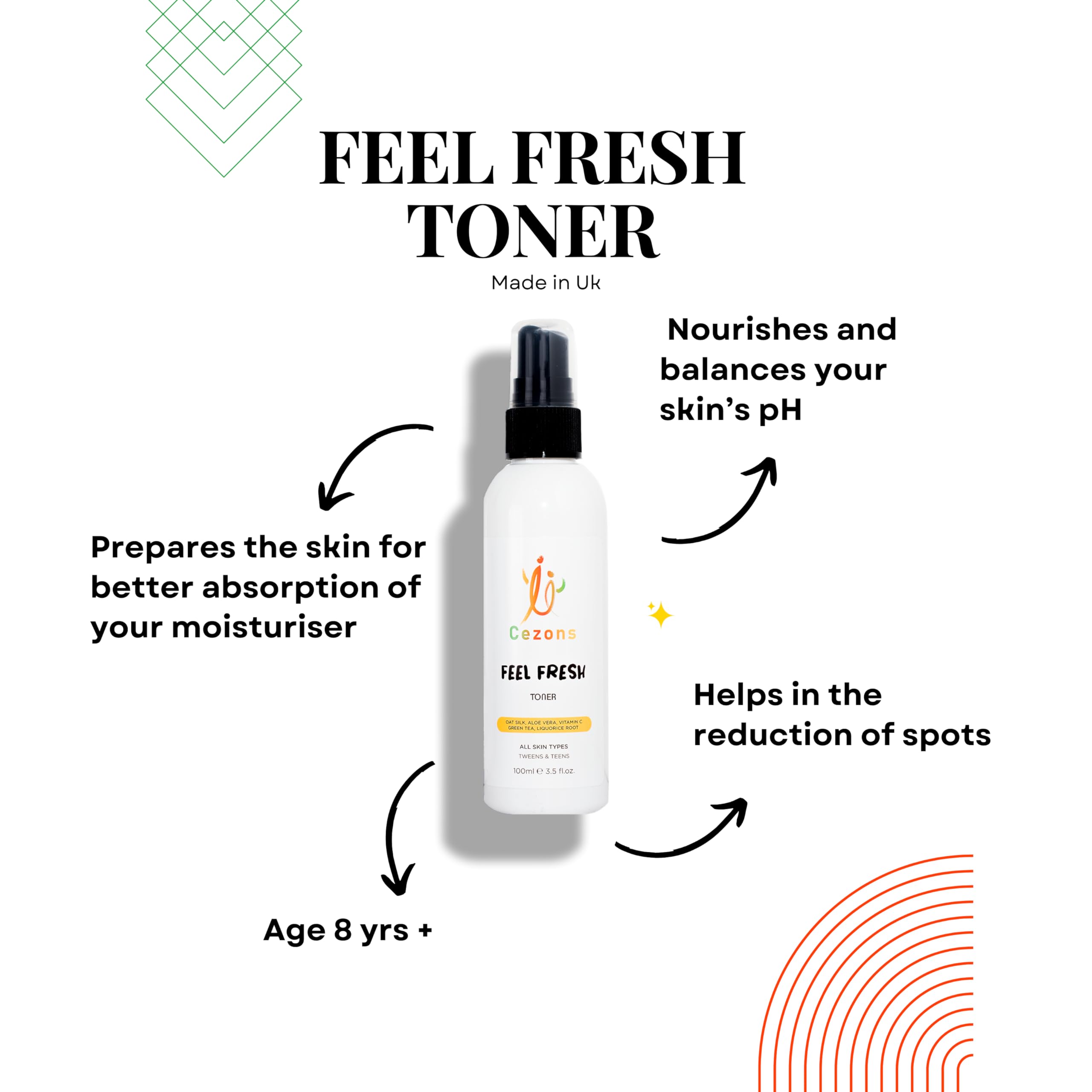 Cezons Feel Fresh Toner - 100ml - Skincare for Kids, Tweens & Teenagers - Green Tea, Vitamin C & Aloe Vera Infused - Gentle, Spray-On, Leave-On Formula - Long Lasting, Great for Travel.