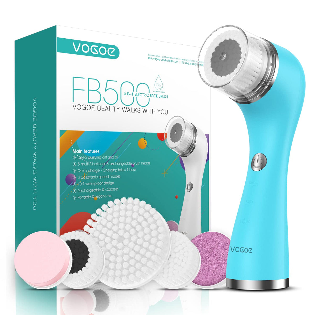 VOGOE Facial Cleansing Brush - Rechargeable Face Brush Electric IPX7 Waterproof Spin Face Scrubber, 3 Speeds & 5 Brushes for Cleansing and Exfoliating, Blue