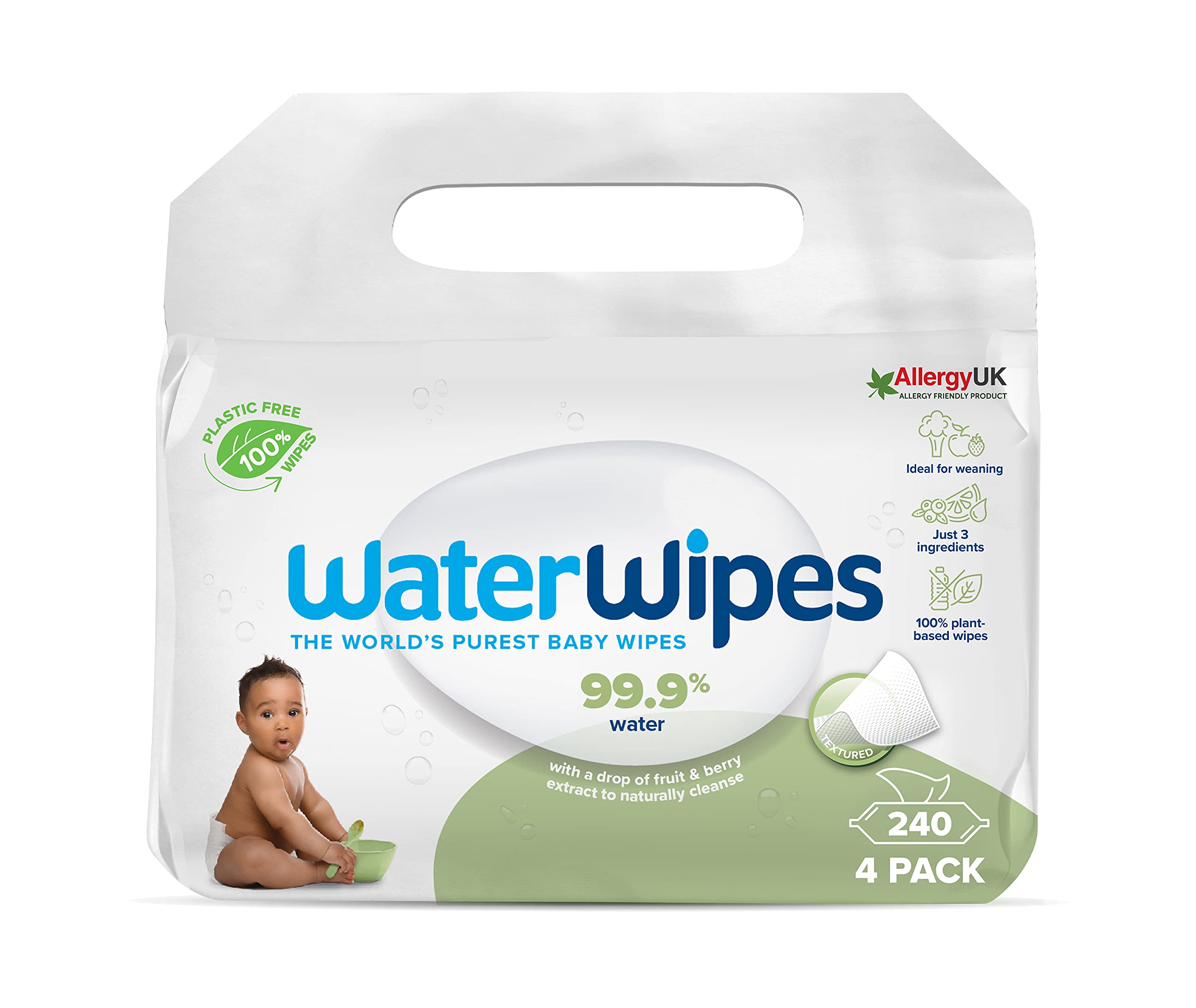 WaterWipes Plastic-Free Textured Clean, Toddler & Baby Wipes, 720 Count (12 Packs), 99.9% Water Based Wipes, Unscented for Sensitive Skin (Packing May Vary)