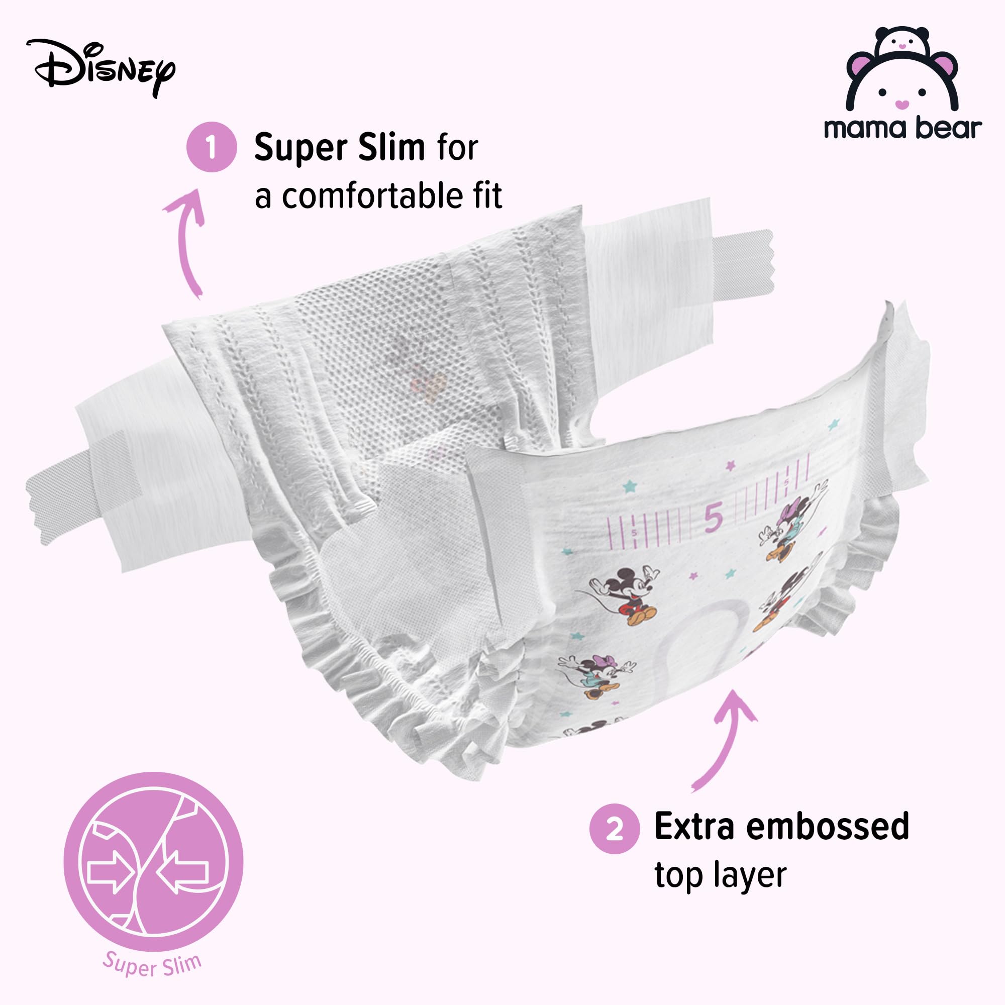 Amazon Brand - Mama Bear Disney Ultra Dry Nappies, Size 1 (2-5 kg), 96 Count, White, Monthly Pack