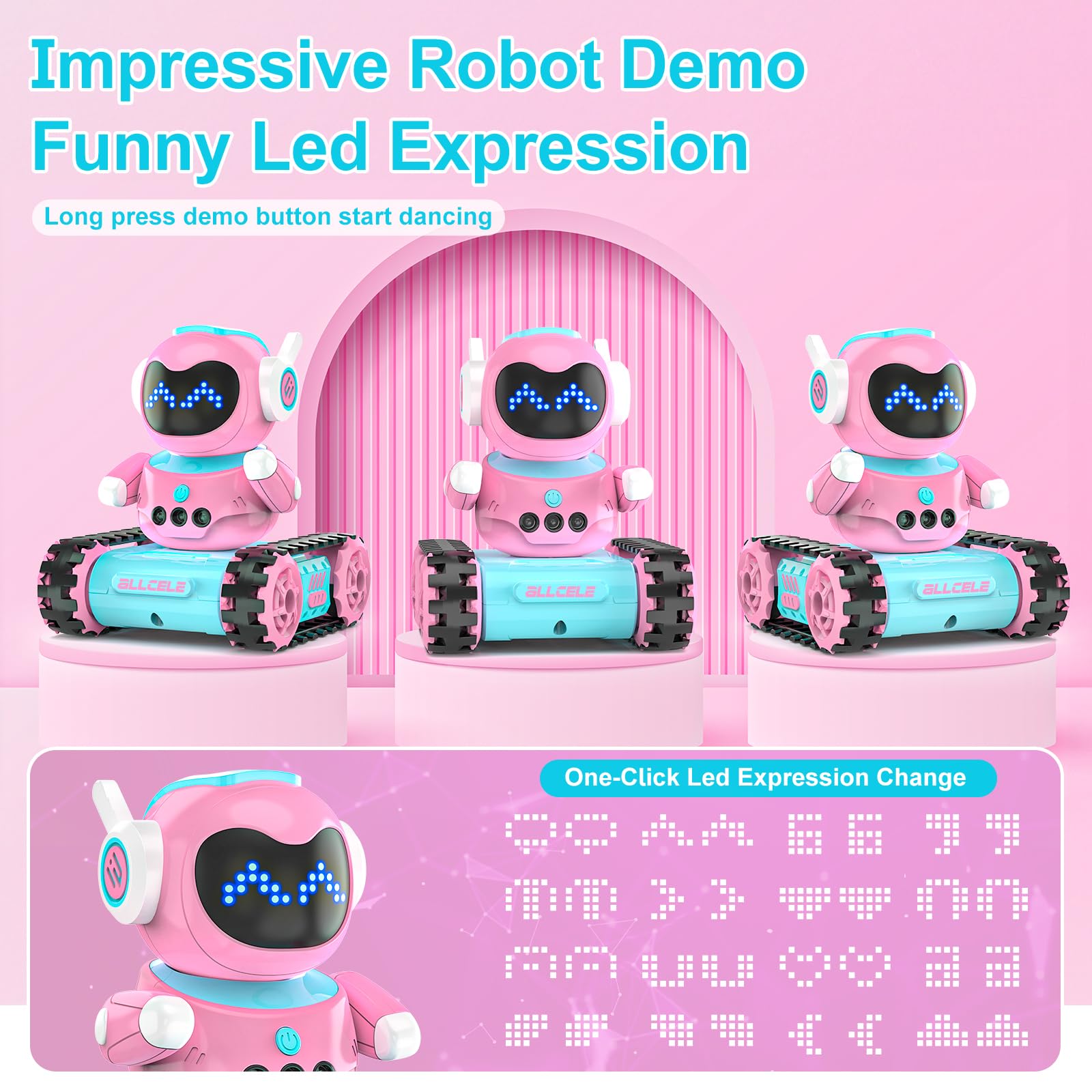 ALLCELE Robot Toys, Rechargeable Kids RC Robots for Girls & Boys, Remote Control Toy with LED Eyes & Music, for Children Age 3+ Years Old - Pink