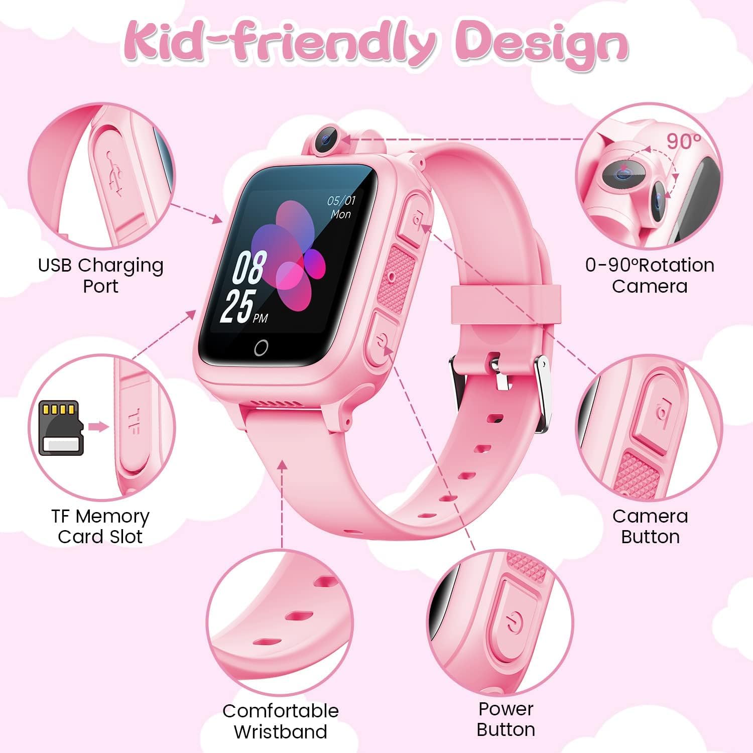 Awatty Kids Smart Watch for Boys Girls, Birthday Gift for 5-12 Year Olds Children, Electronic Learning Toys with 14 Puzzle Games, Pink Digital Watch with 90° Rotating Camera and MP3 Music Player