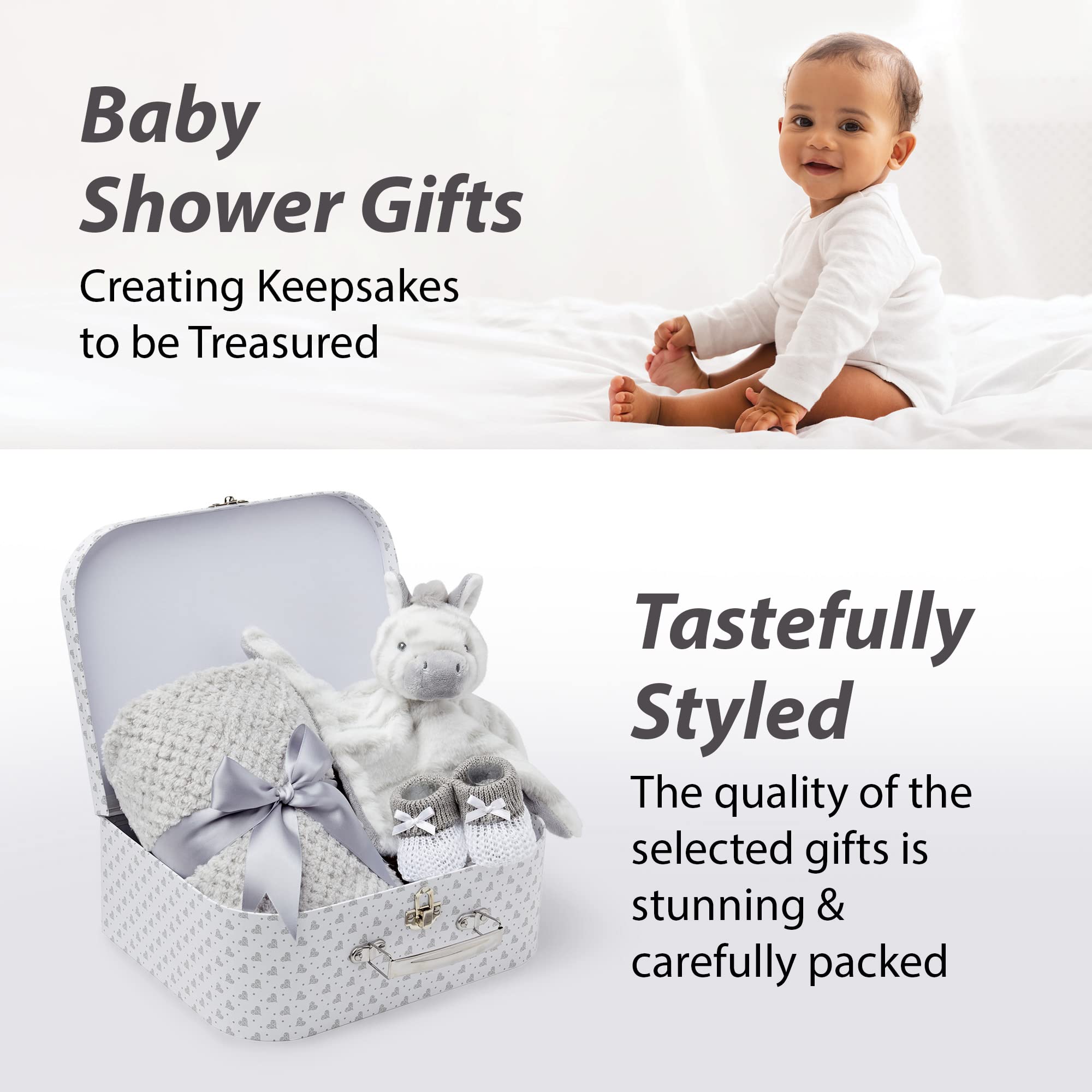 Baby Box Shop New Baby Gifts Set - 3 Baby Essentials and a Newborn Hamper Create a Premium Newborn Gift Set, New Baby Hamper Basket Girl, New Born Baby Gift - Baby Shower Hamper for Newborn - Zebra