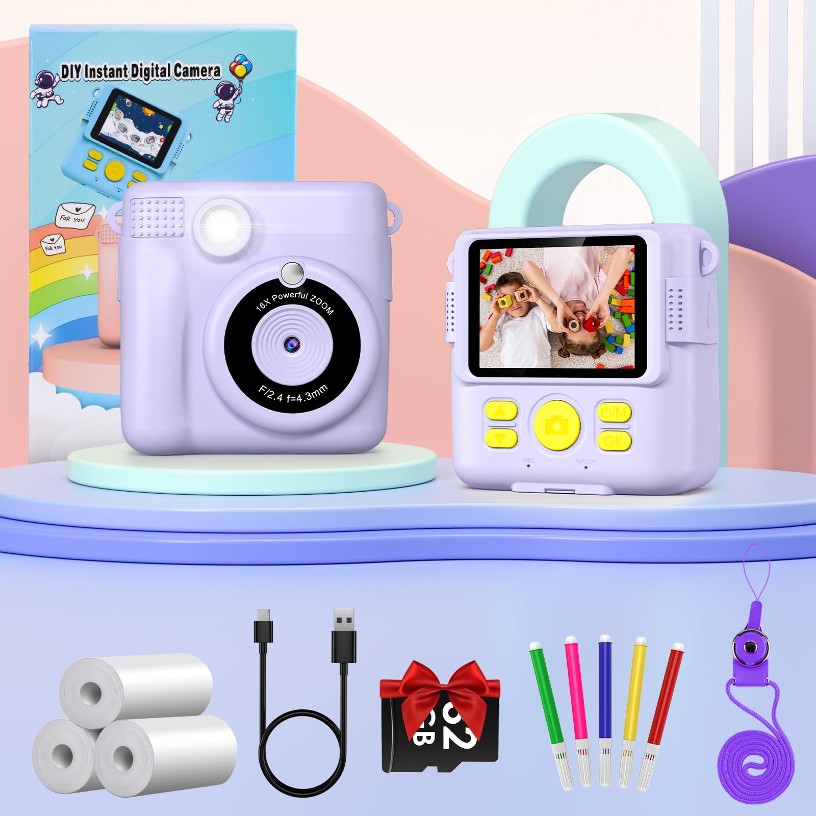 Gofunly Kids Camera Instant Print, 2.4'' Instant Camera for Kids with 32G Card & Print Photo Paper, 1080P HD Video Kids Digital Toddler Toy Camera, Christmas Birthday Gift for Girls Age 3-12 Years Old