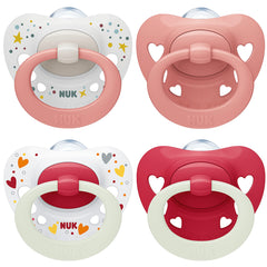 NUK Signature Day & Night Baby Dummy 6-18 months Soothes 95% of Babies Heart-Shaped BPA-Free Silicone Soothers Glow-in-the-Dark Stars 4 Count