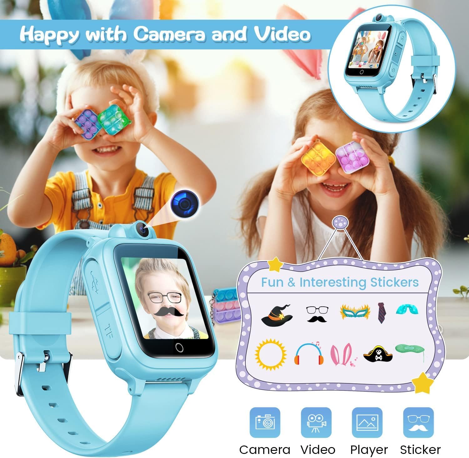 Awatty Kids Smart Watch for Boys Girls, Birthday Gift for 5-12 Year Olds Children, Electronic Learning Toys with 14 Puzzle Games, Pink Digital Watch with 90° Rotating Camera and MP3 Music Player