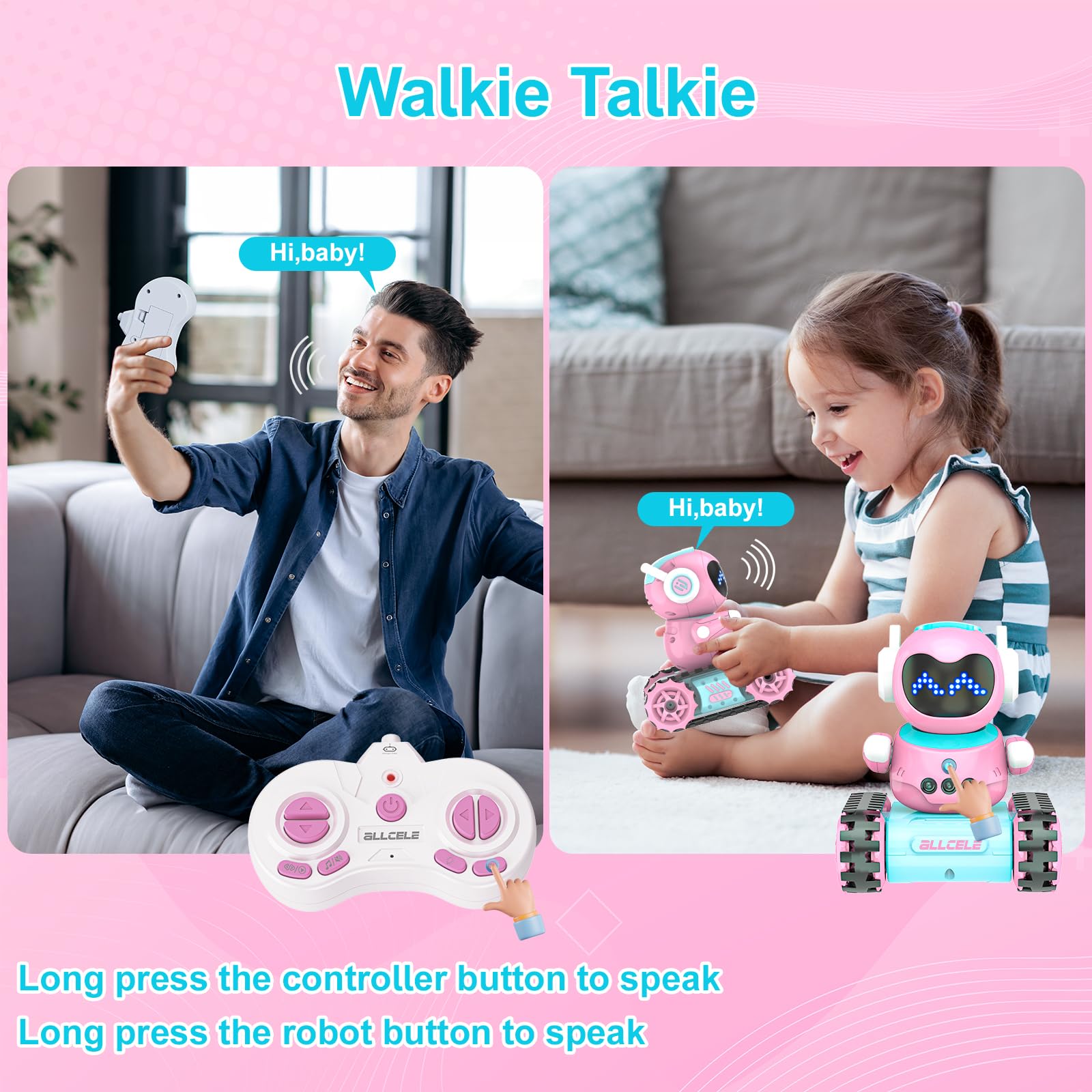 ALLCELE Robot Toys, Rechargeable Kids RC Robots for Girls & Boys, Remote Control Toy with LED Eyes & Music, for Children Age 3+ Years Old - Pink